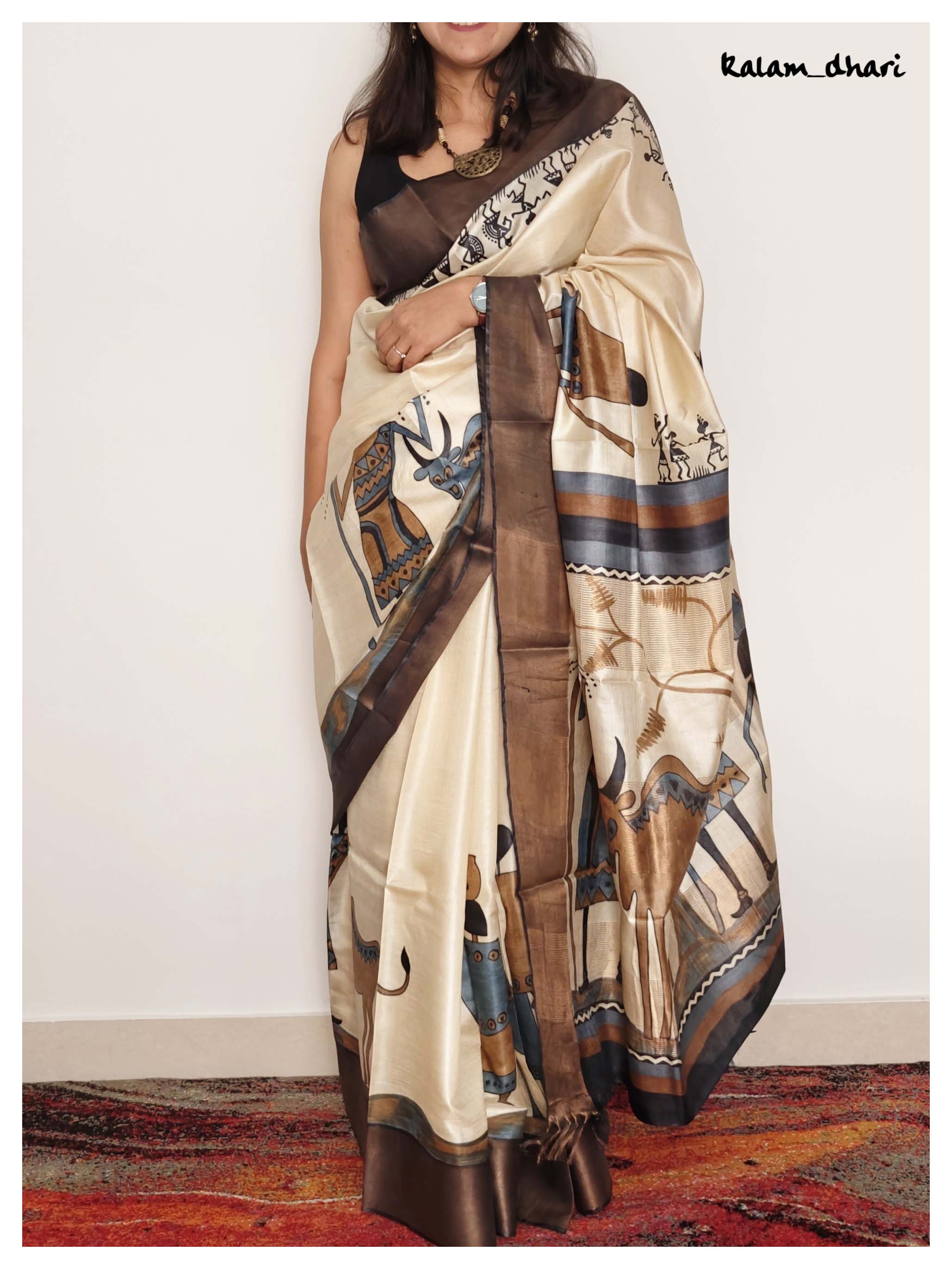 Tribal Painted Kosa Silk Saree Beige