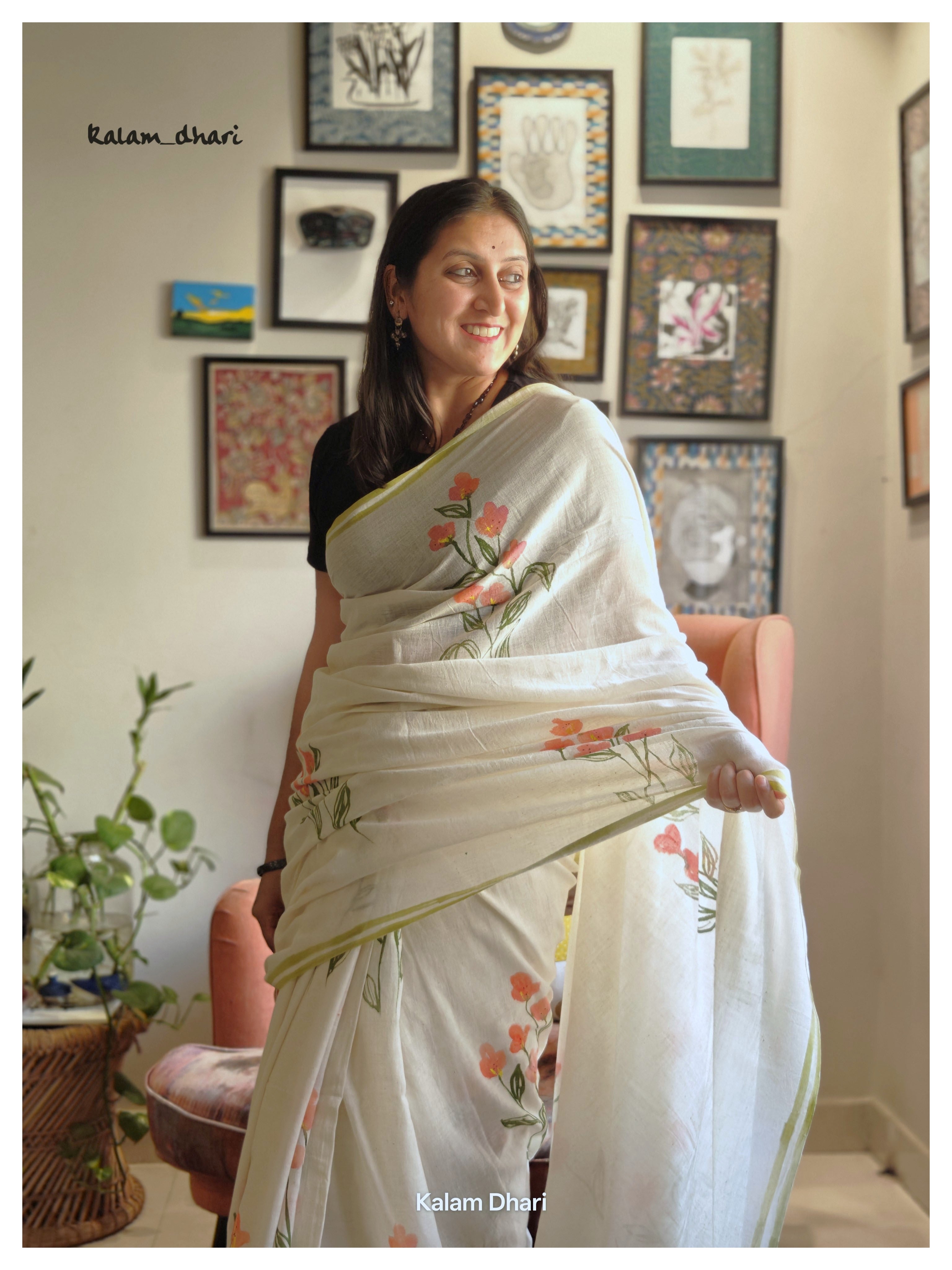 Phool Painted Cotton Saree- Orange