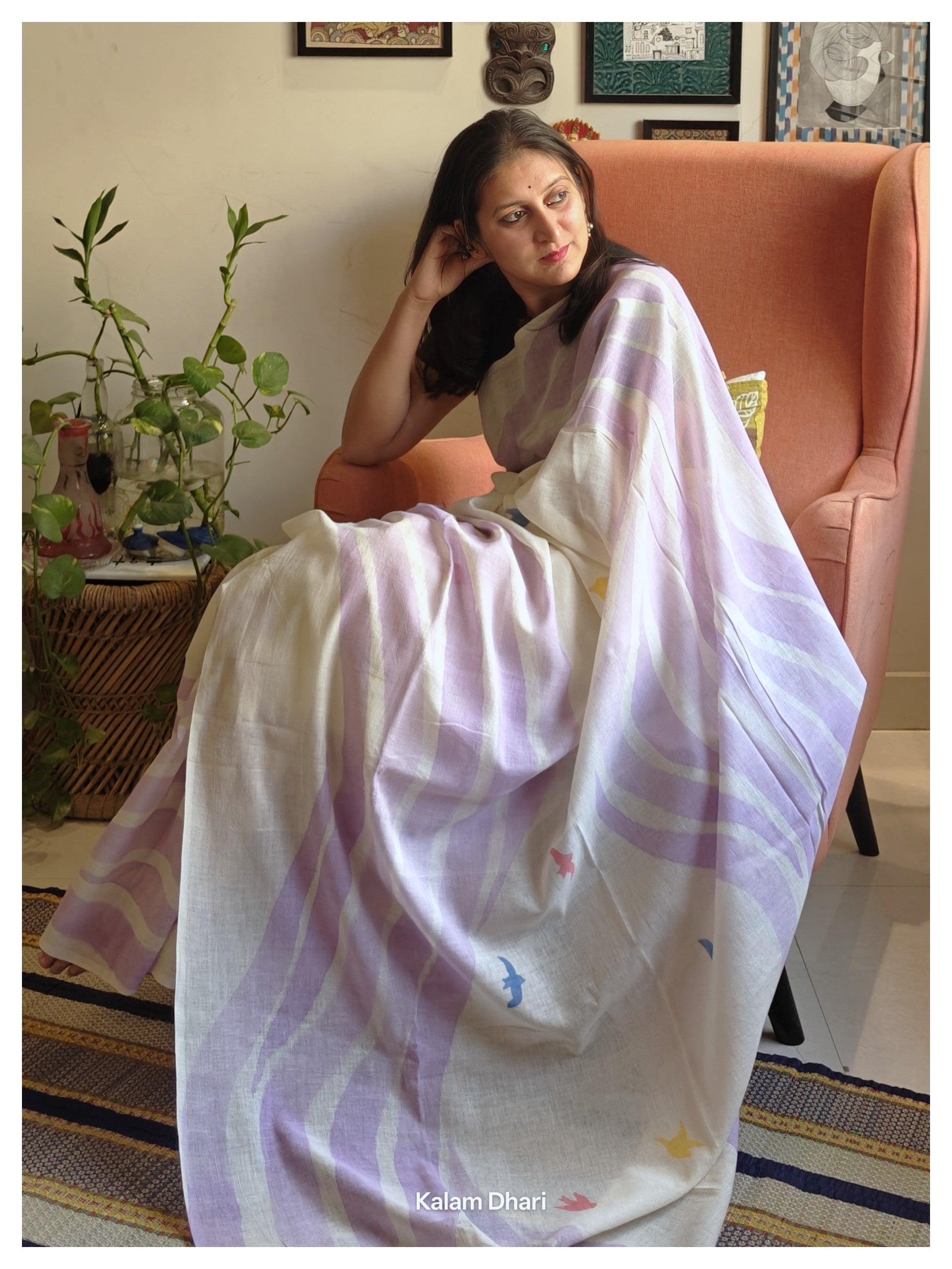 Vaayu Painted Cotton Saree- Lavender