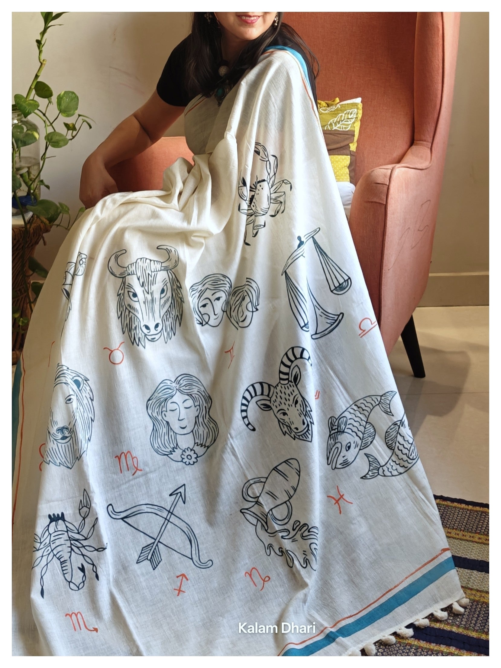 Rashi Phal Painted Cotton Saree- Turquoise