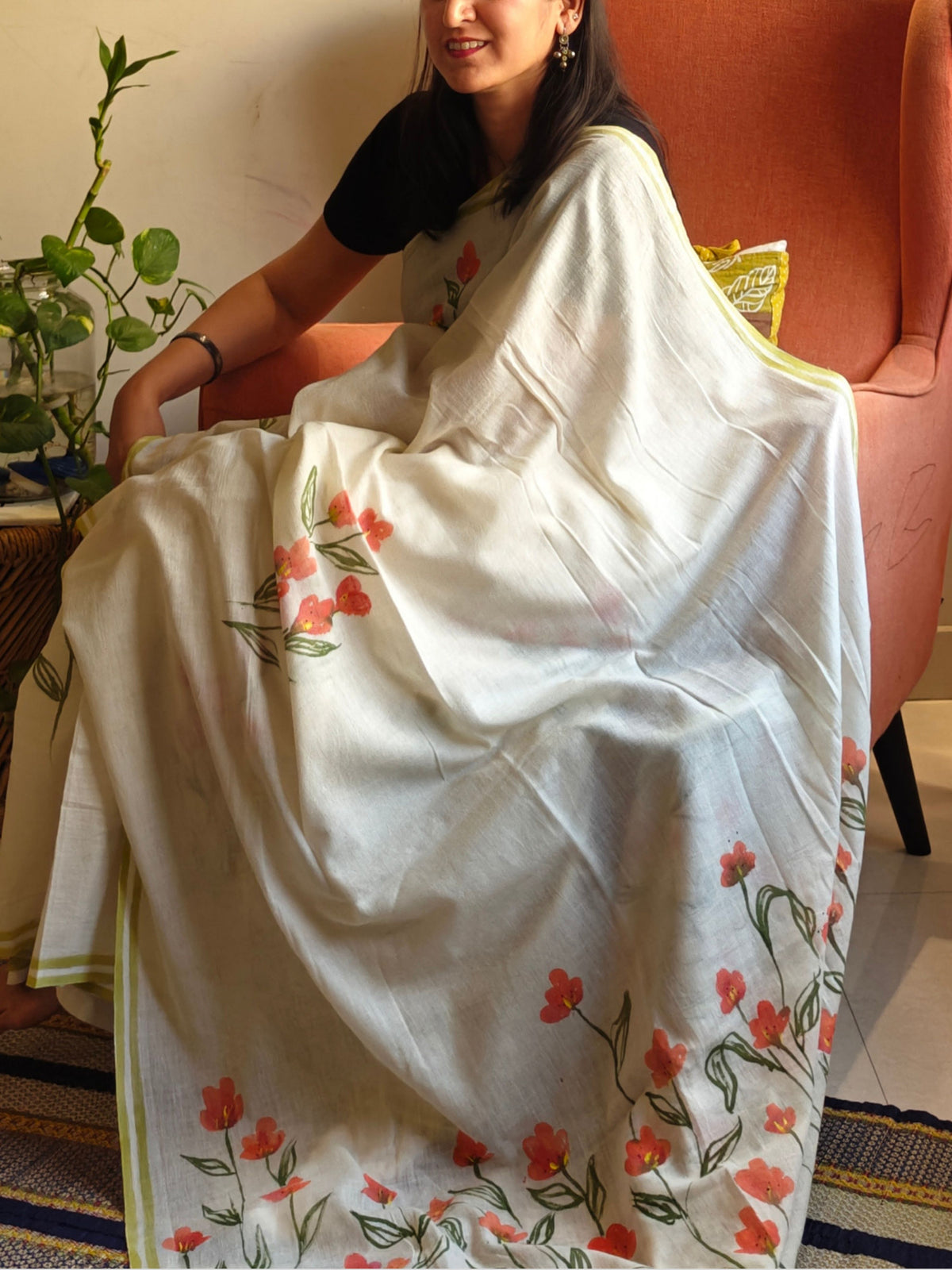 Phool Painted Cotton Saree- Orange
