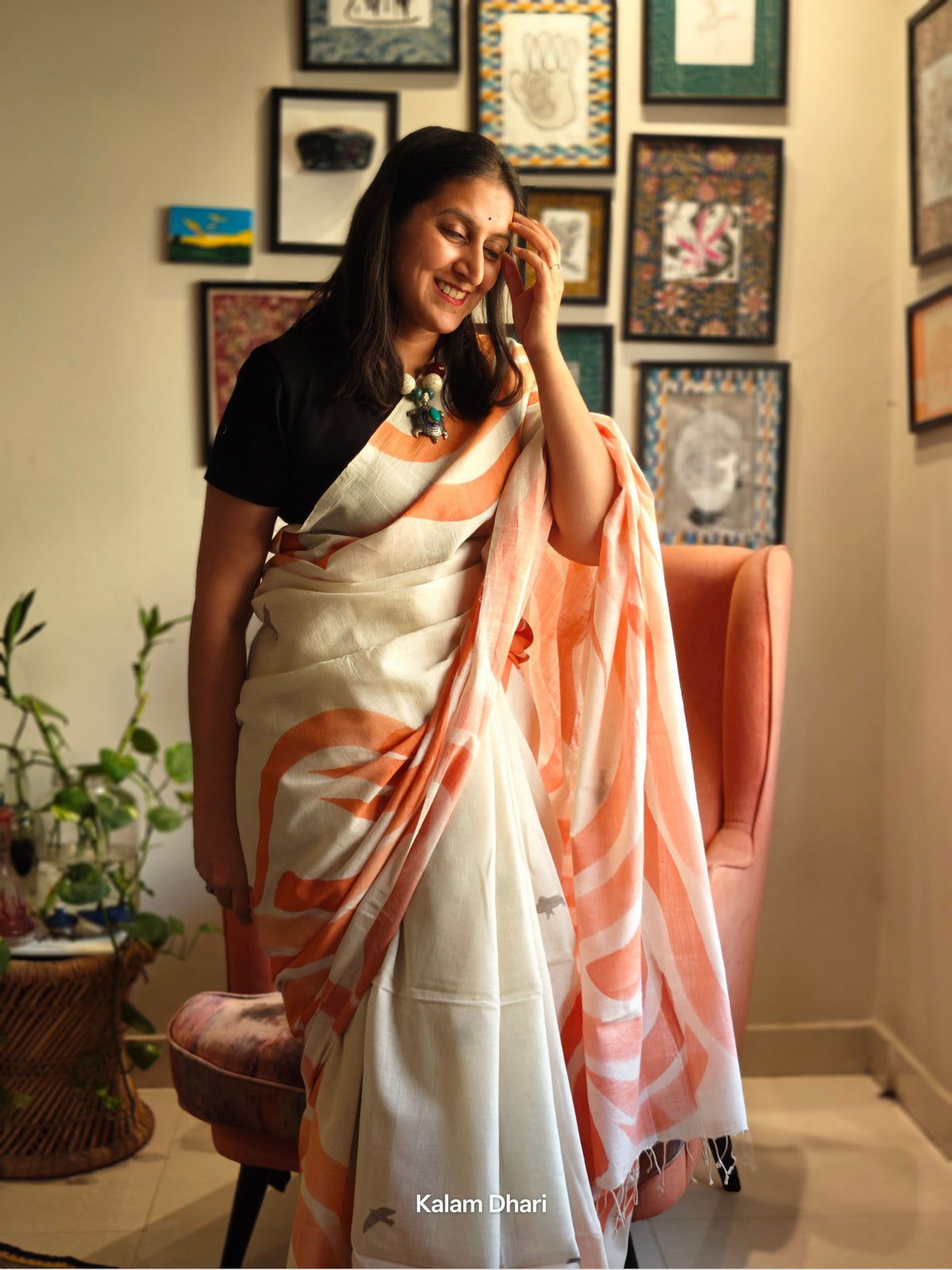 Vaayu Painted Cotton Saree- Tangerine