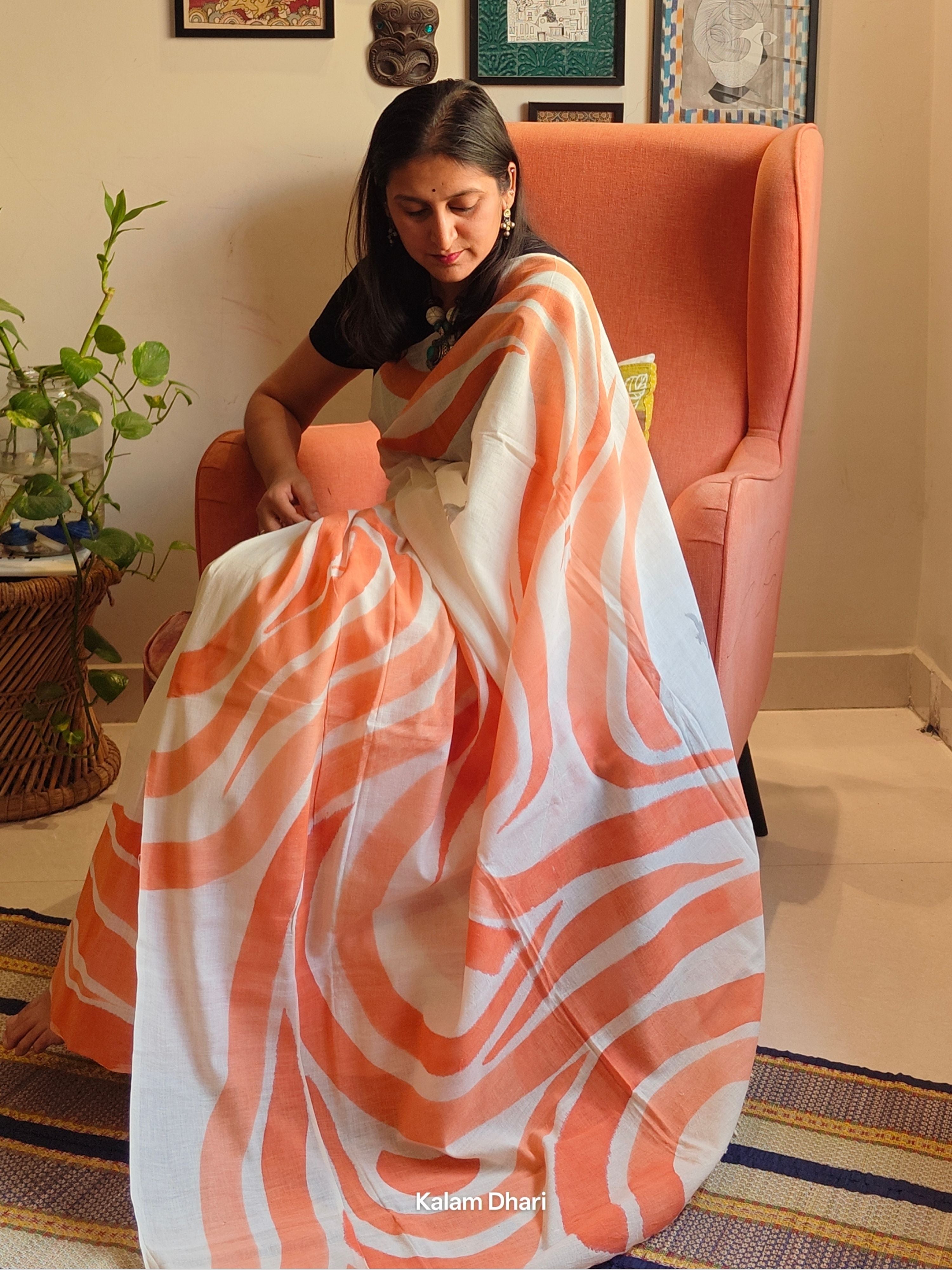 Vaayu Painted Cotton Saree- Tangerine