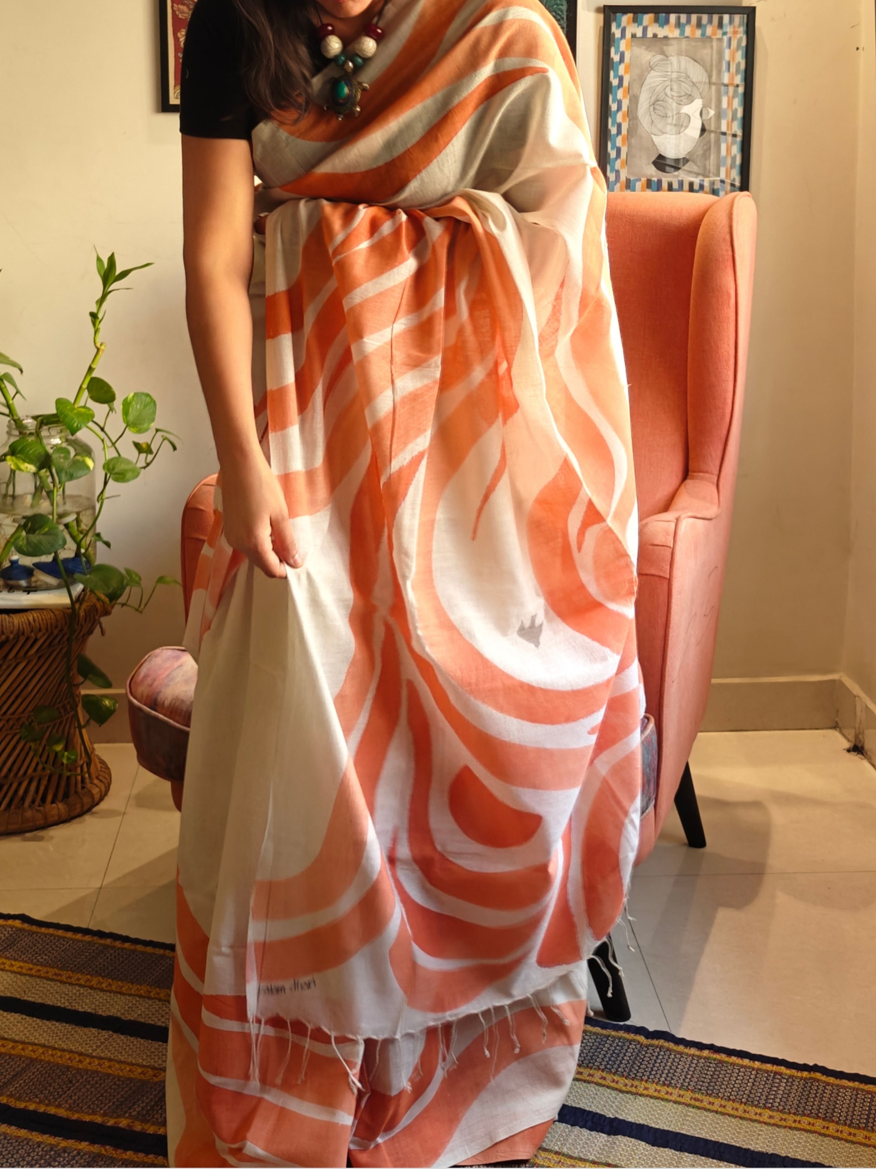 Vaayu Painted Cotton Saree- Tangerine