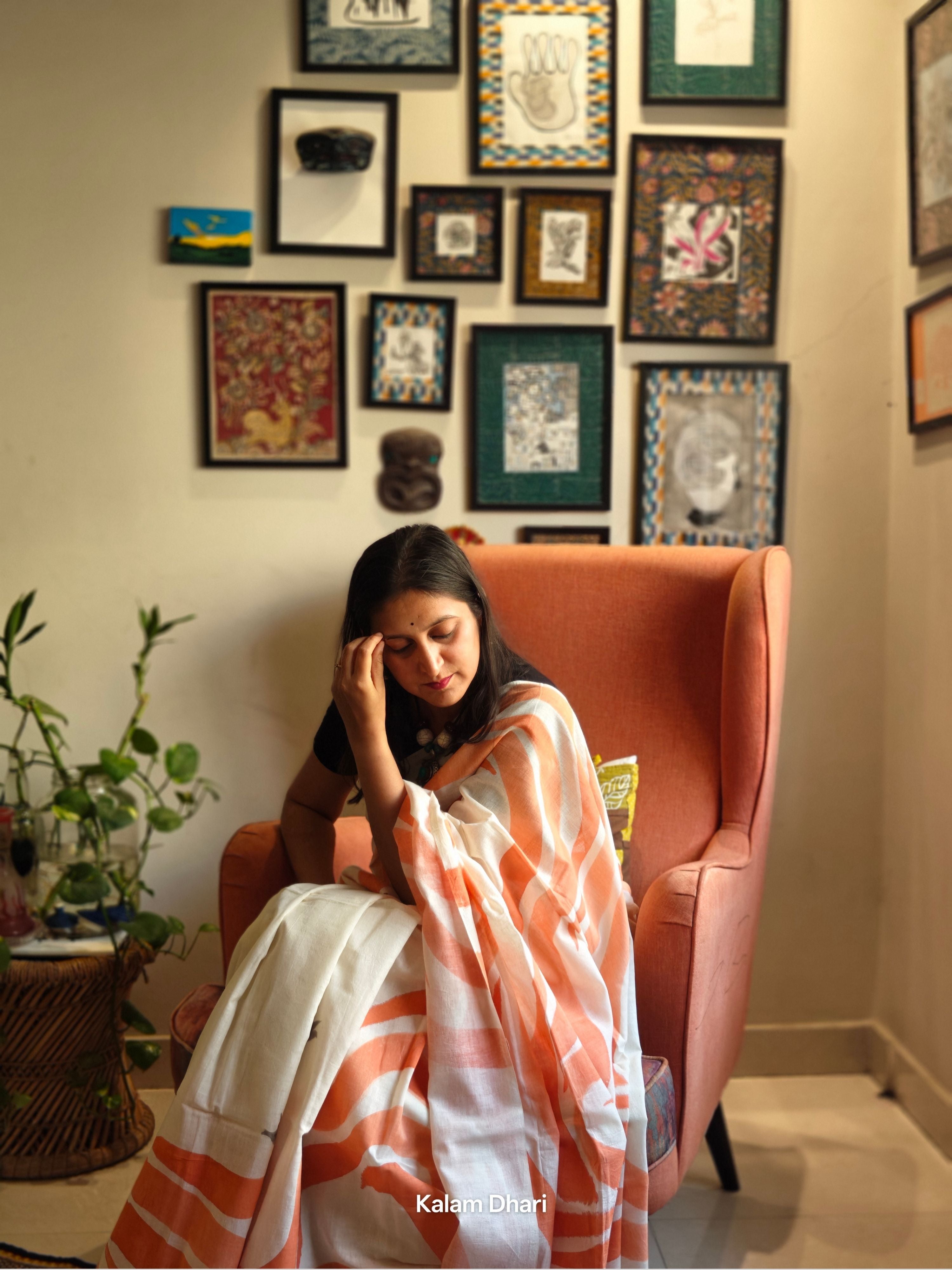 Vaayu Painted Cotton Saree- Tangerine