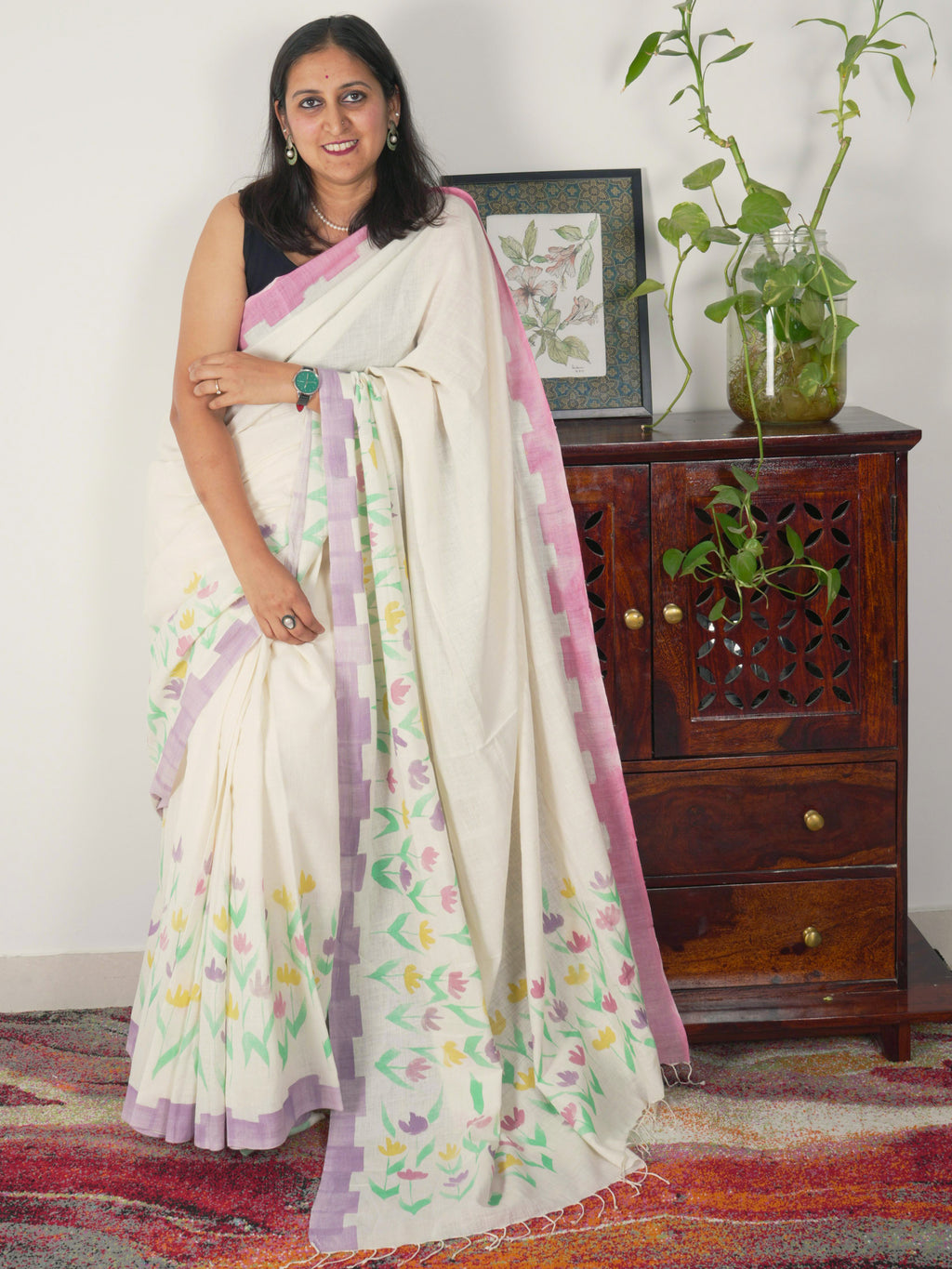 Phool Painted Cotton Saree- Pastel