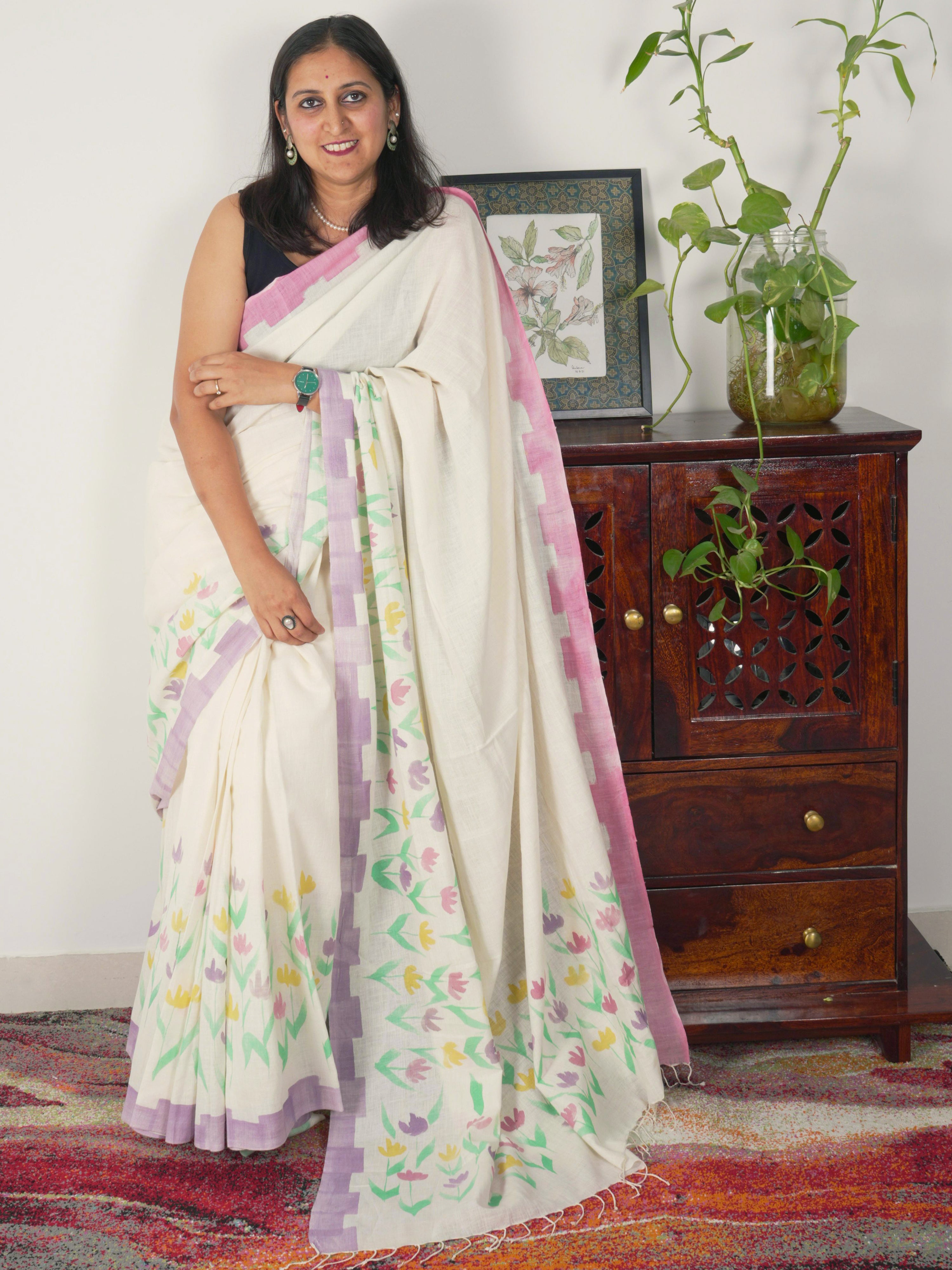Phool Painted Cotton Saree- Pastel