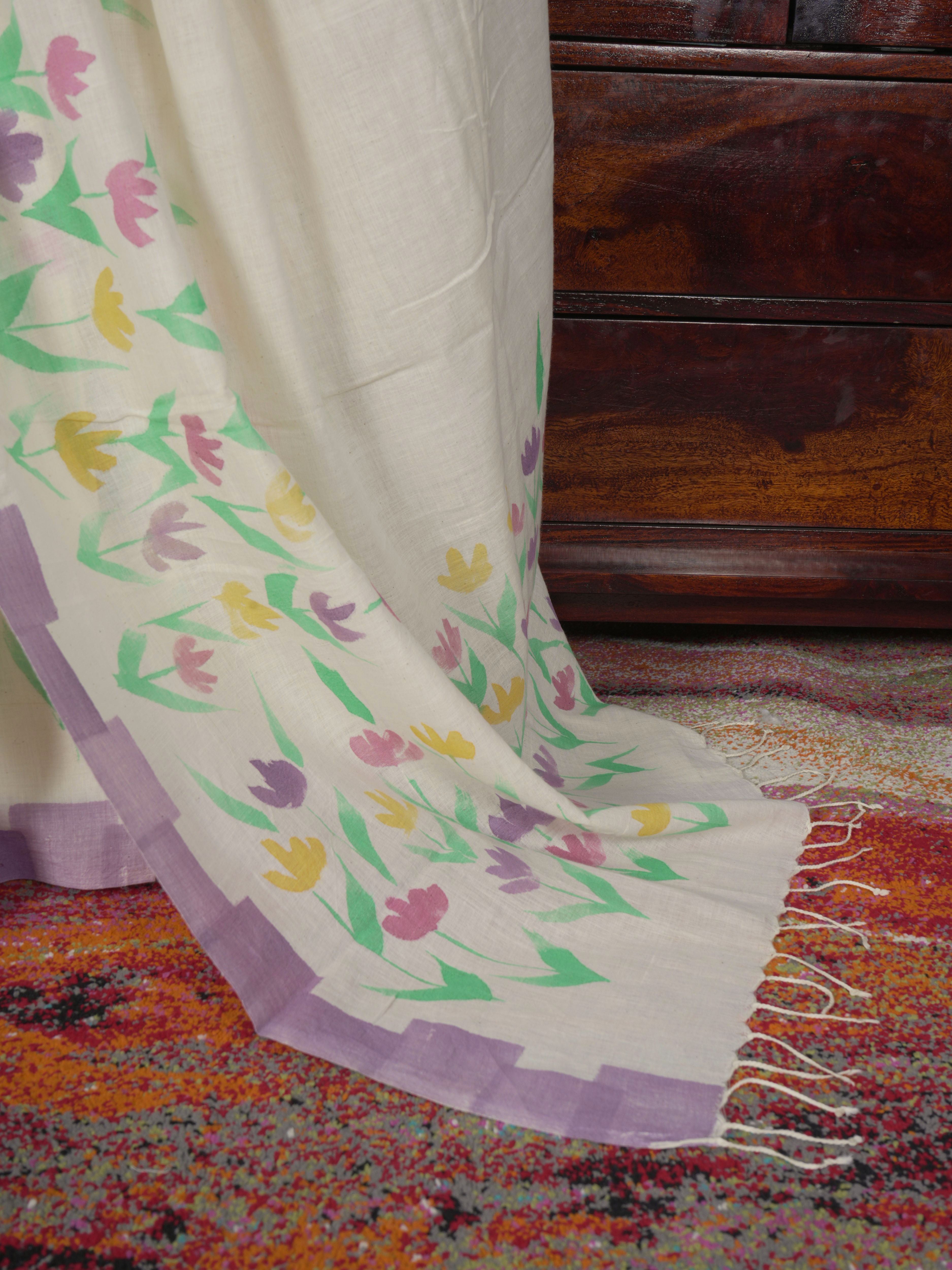 Phool Painted Cotton Saree- Pastel