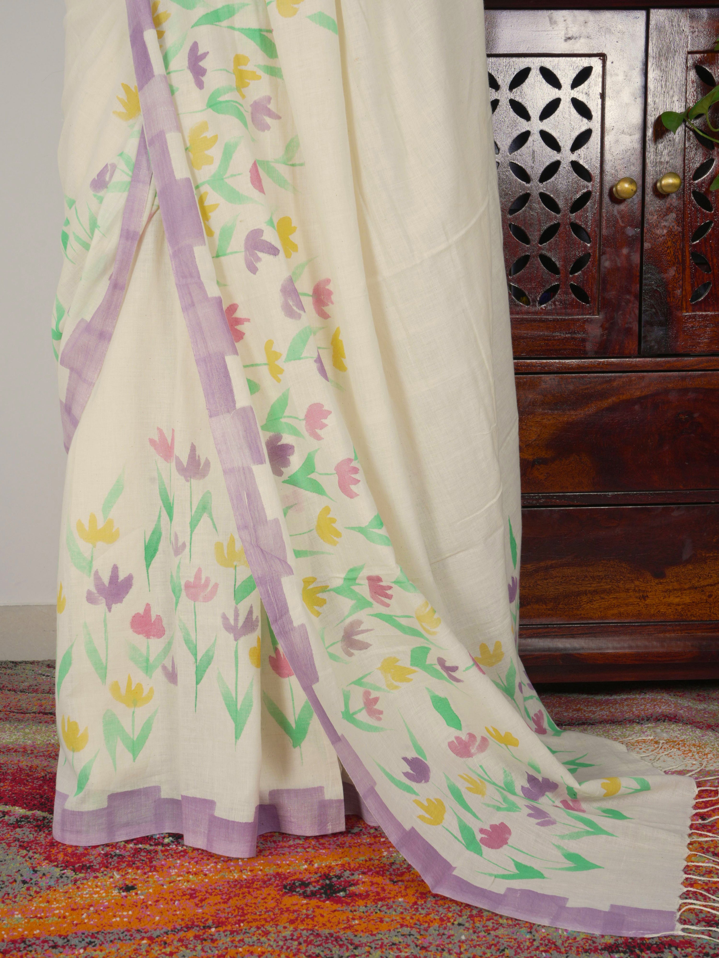 Phool Painted Cotton Saree- Pastel