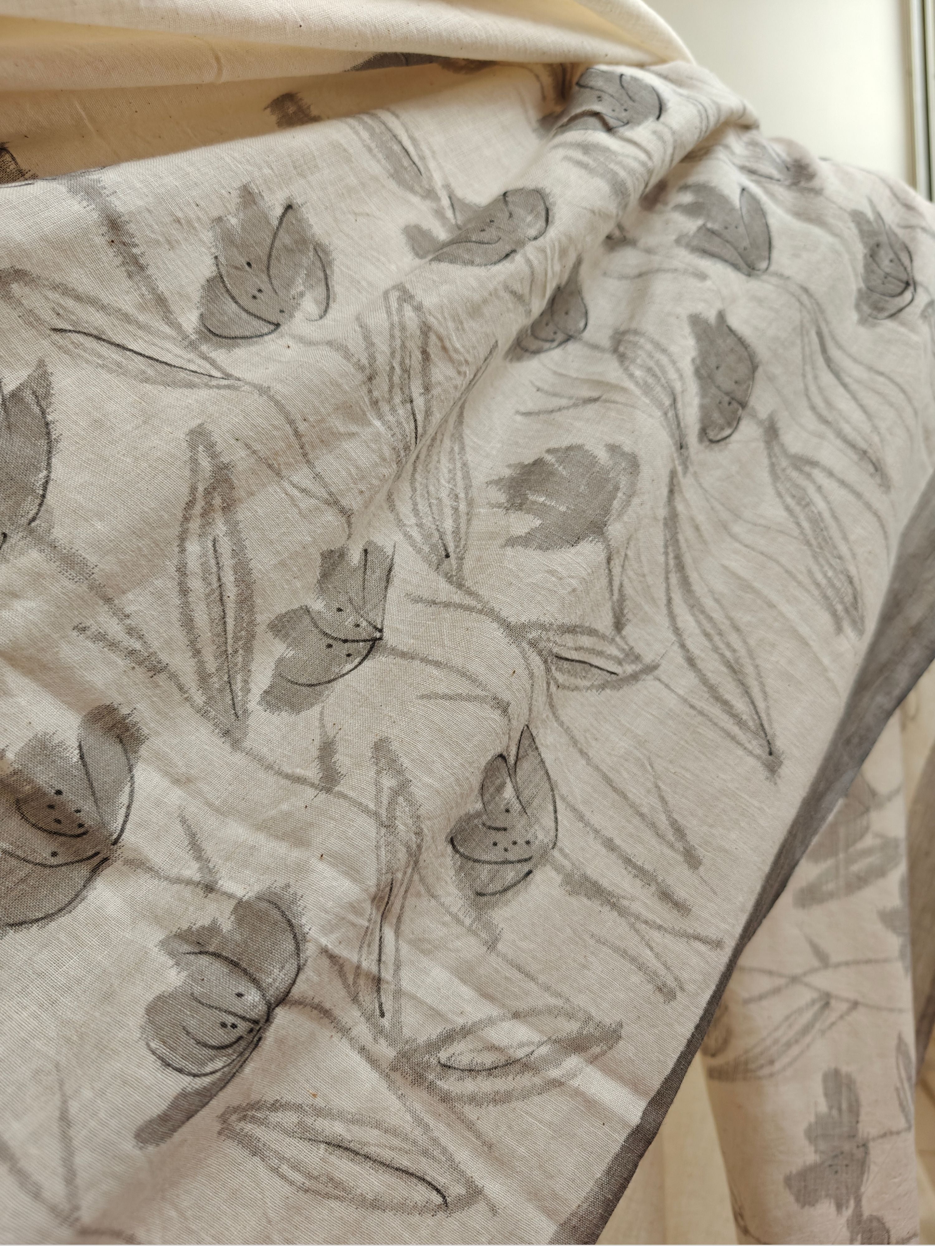 Phool Painted Cotton Saree- Grey
