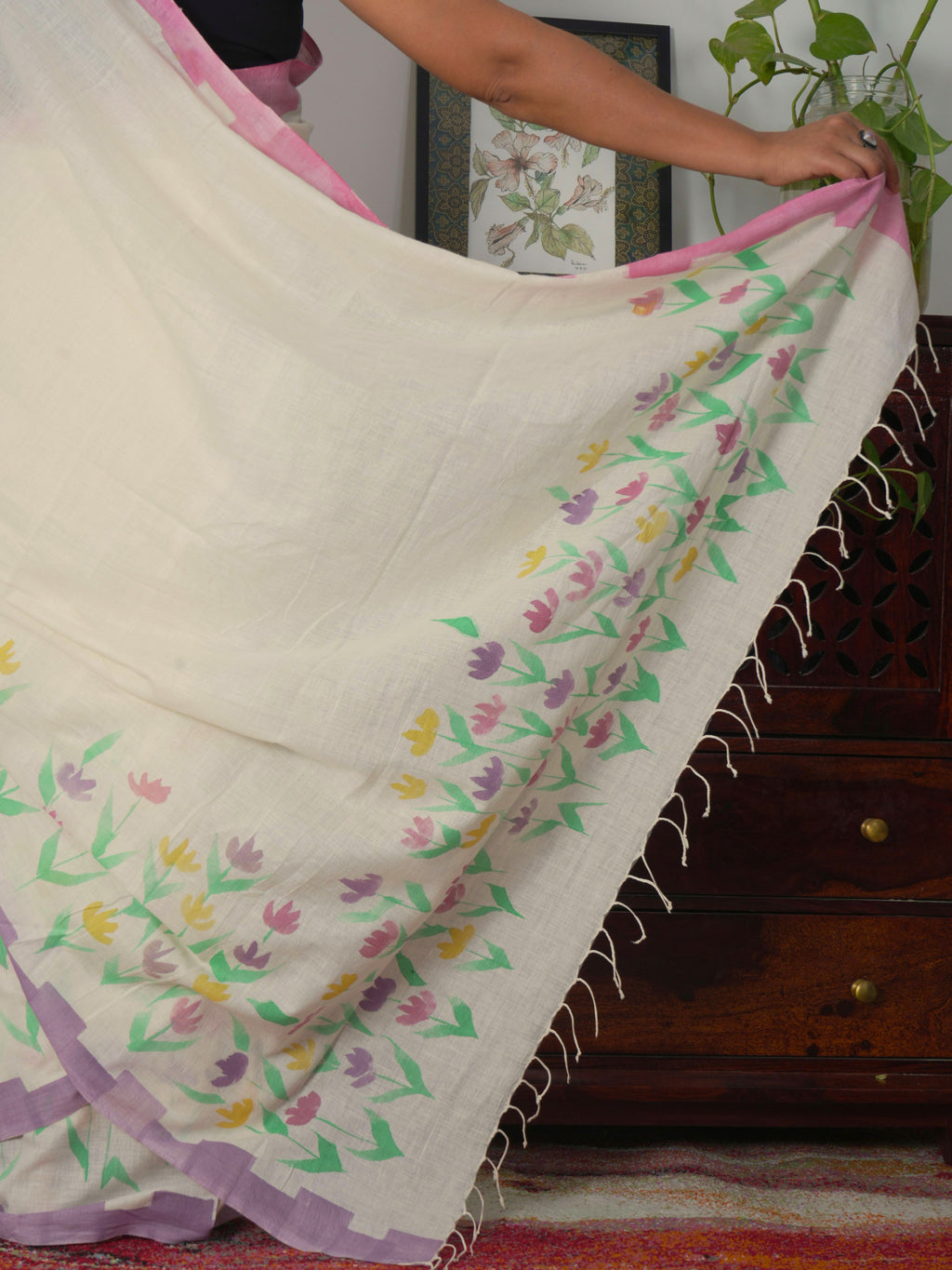 Phool Painted Cotton Saree- Pastel