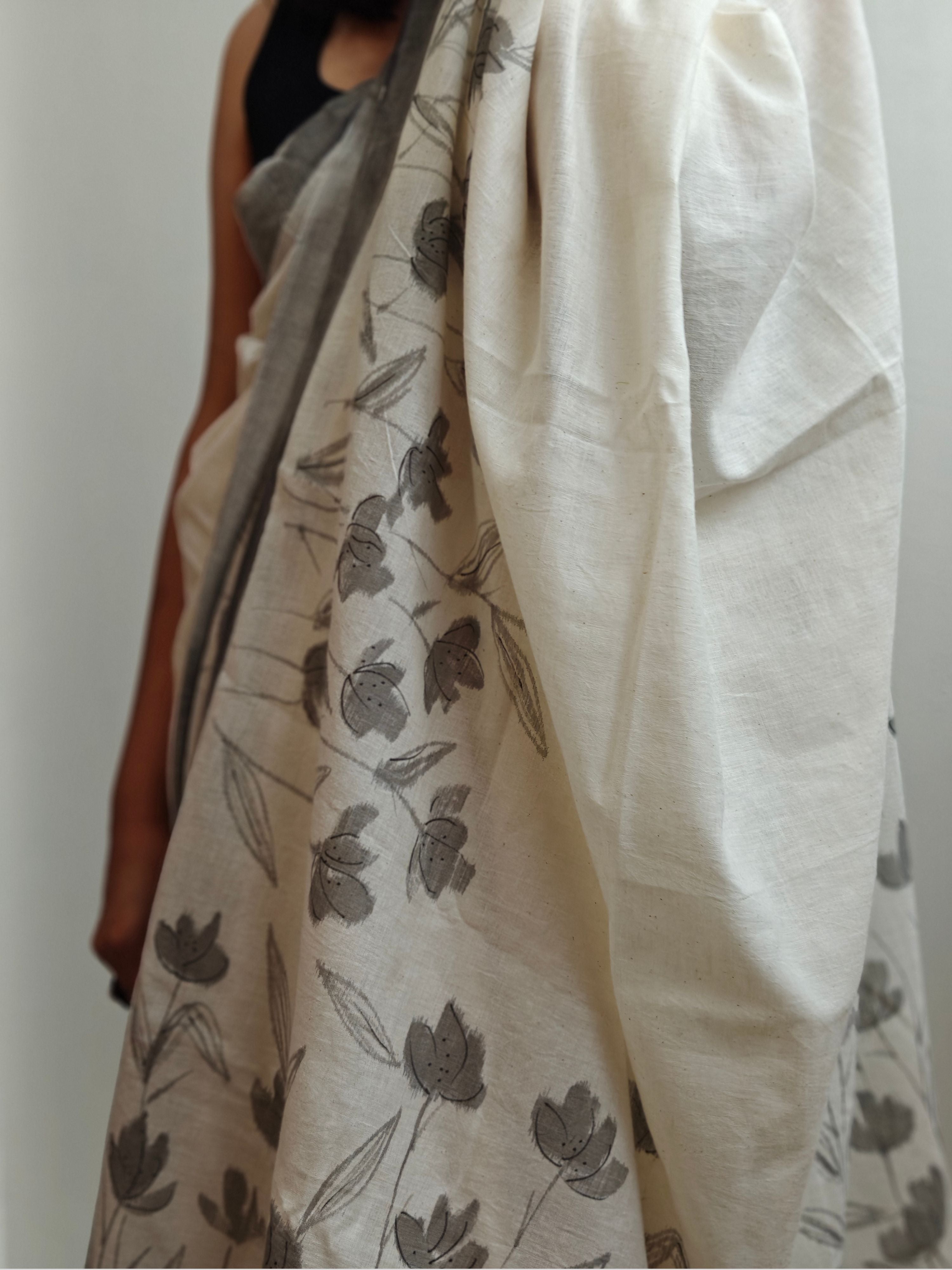 Phool Painted Cotton Saree- Grey