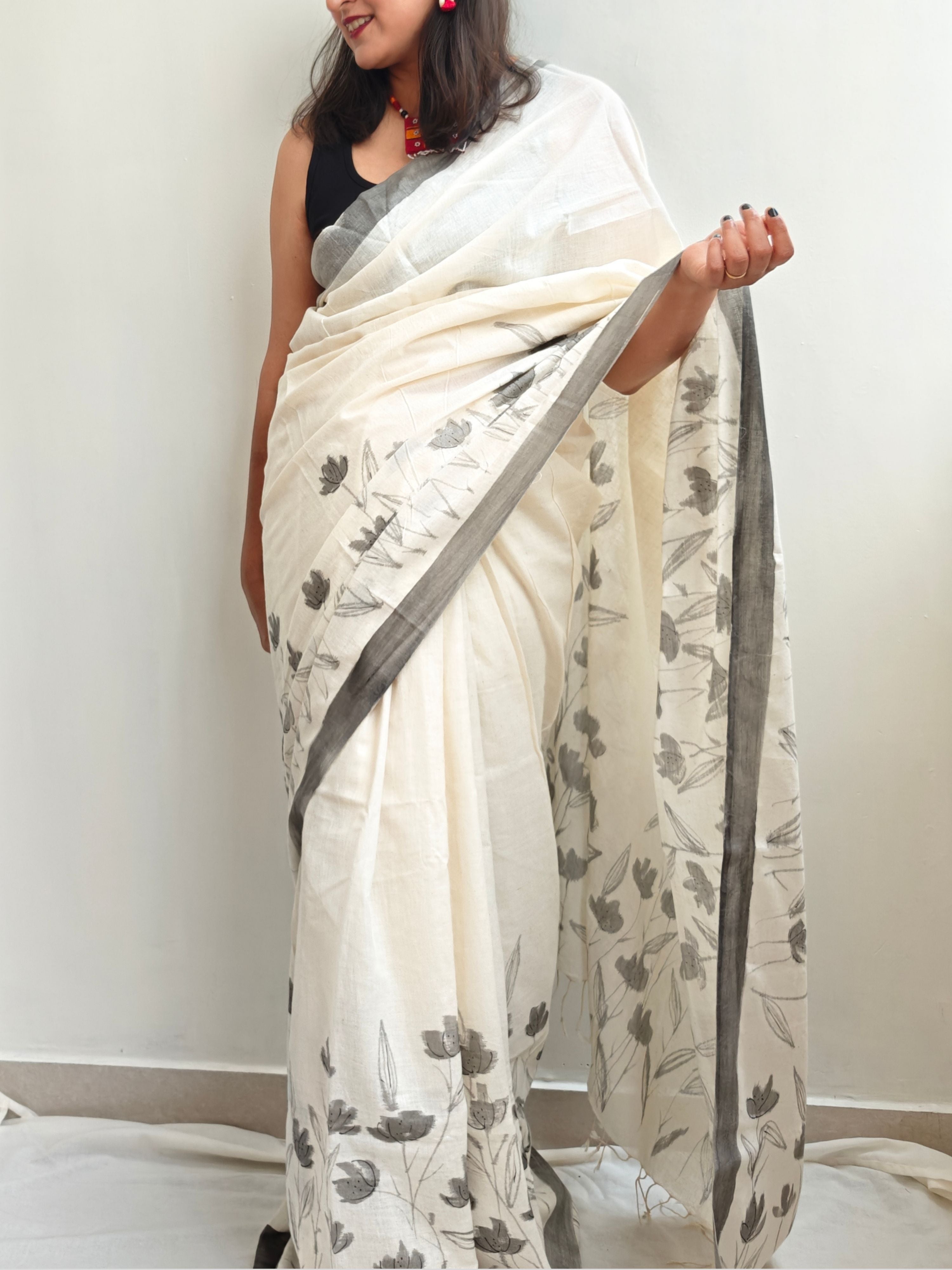 Phool Painted Cotton Saree- Grey
