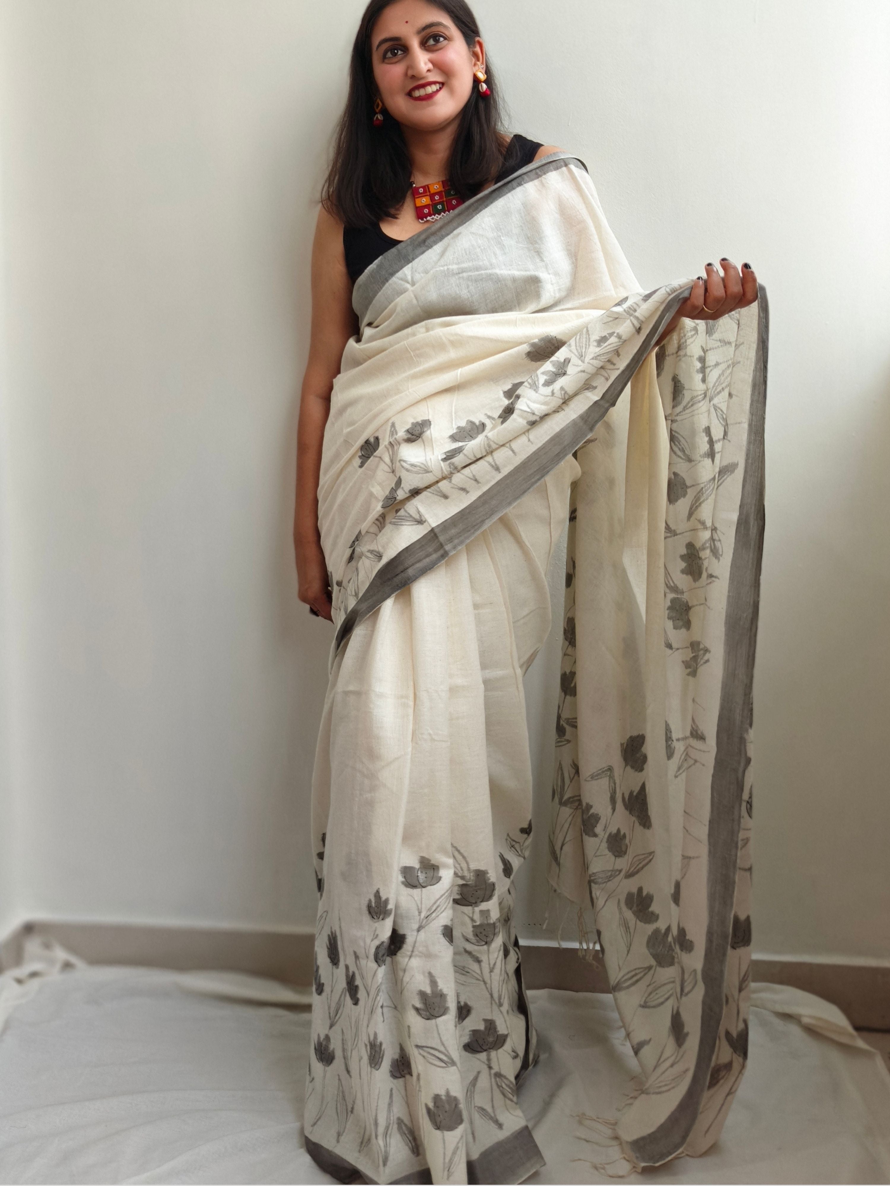 Phool Painted Cotton Saree- Grey