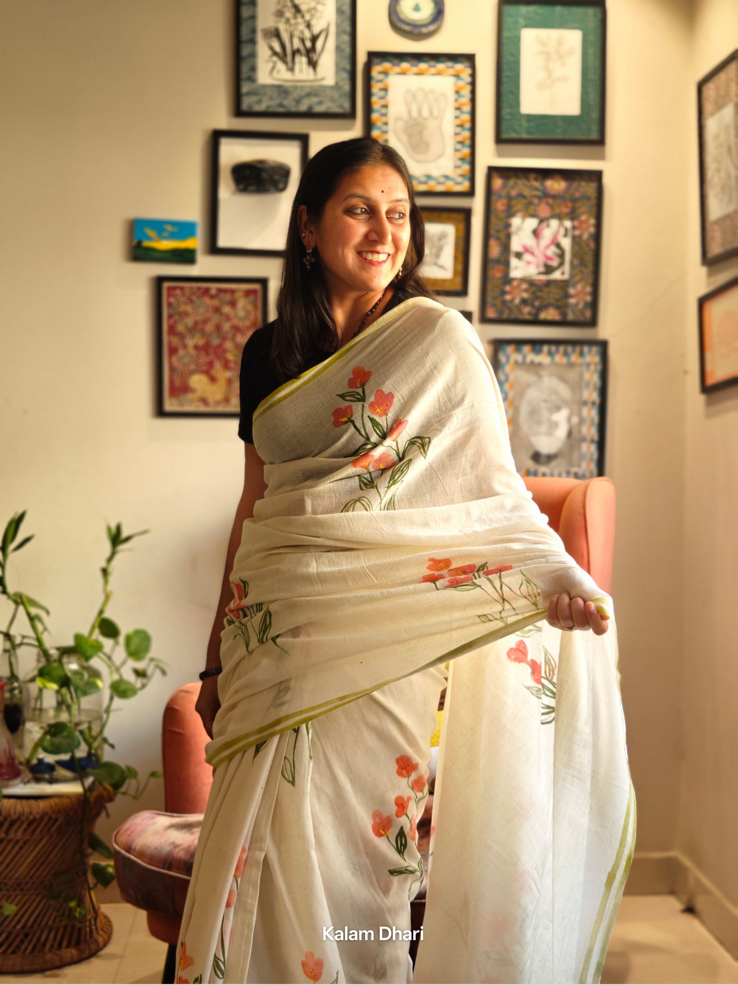 Phool Painted Cotton Saree- Orange