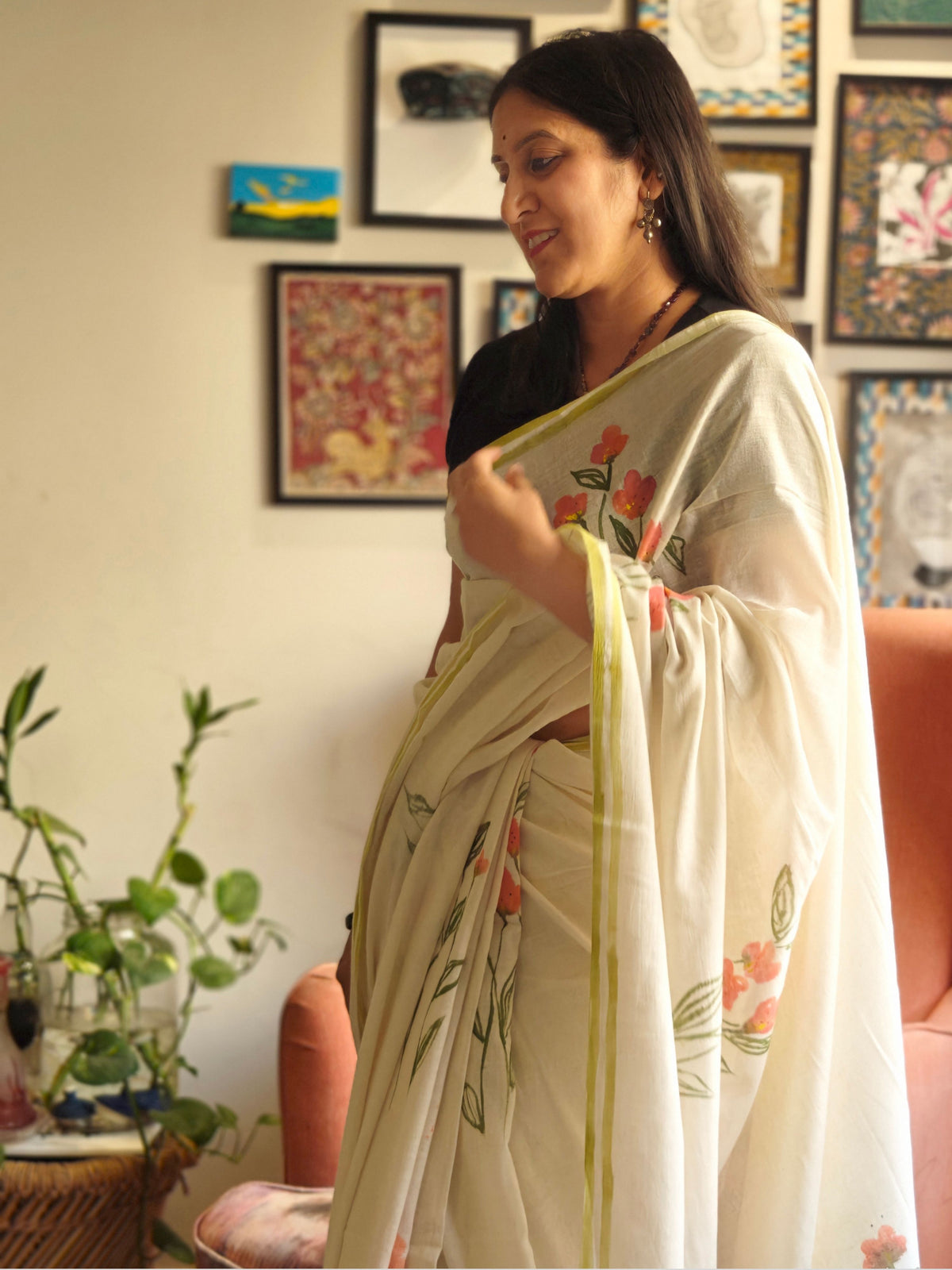 Phool Painted Cotton Saree- Orange