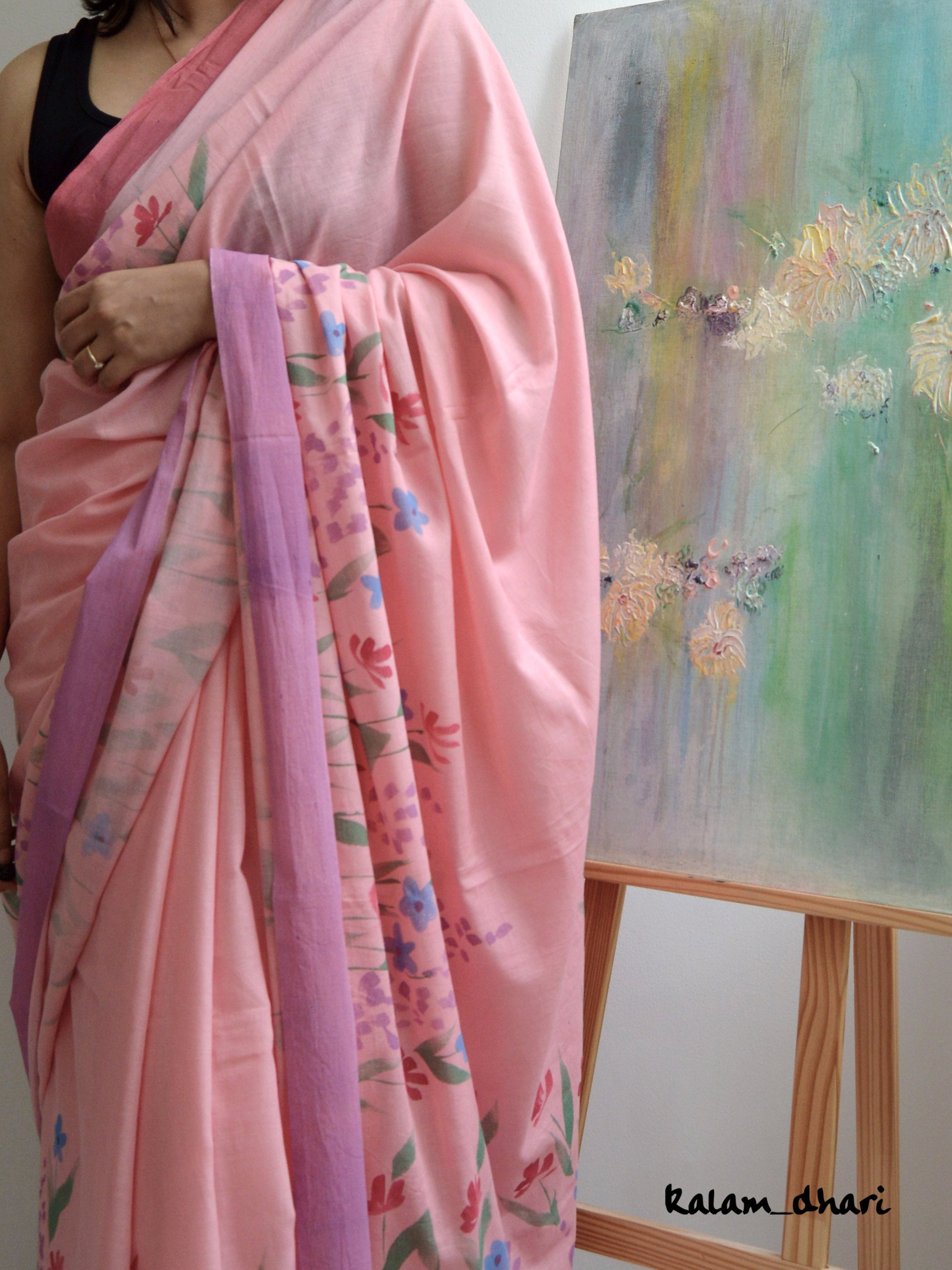 Wildflowers Painted Mul Cotton Saree- Pink