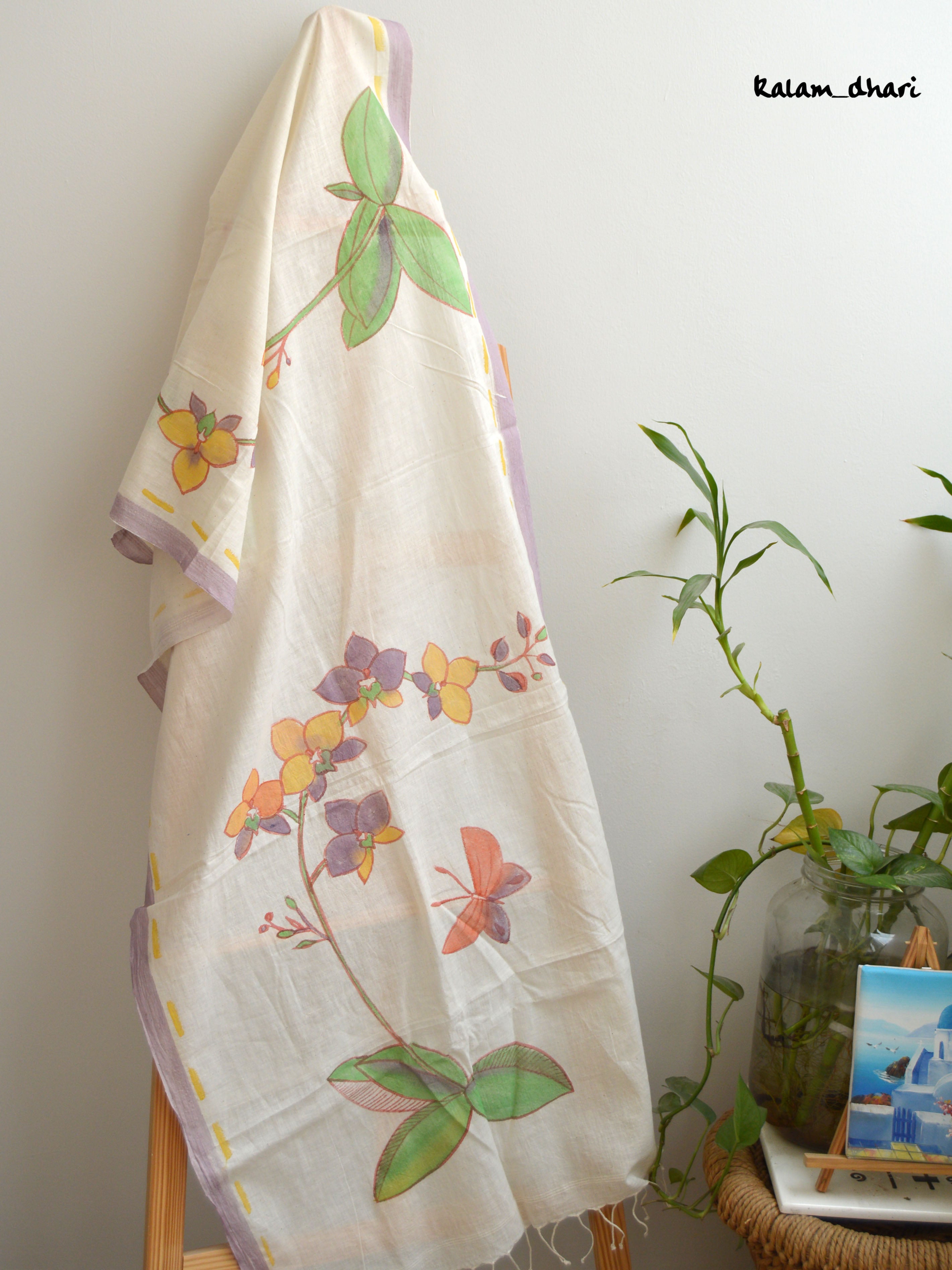 Purple Orchids Muslin Cotton Painted Stole