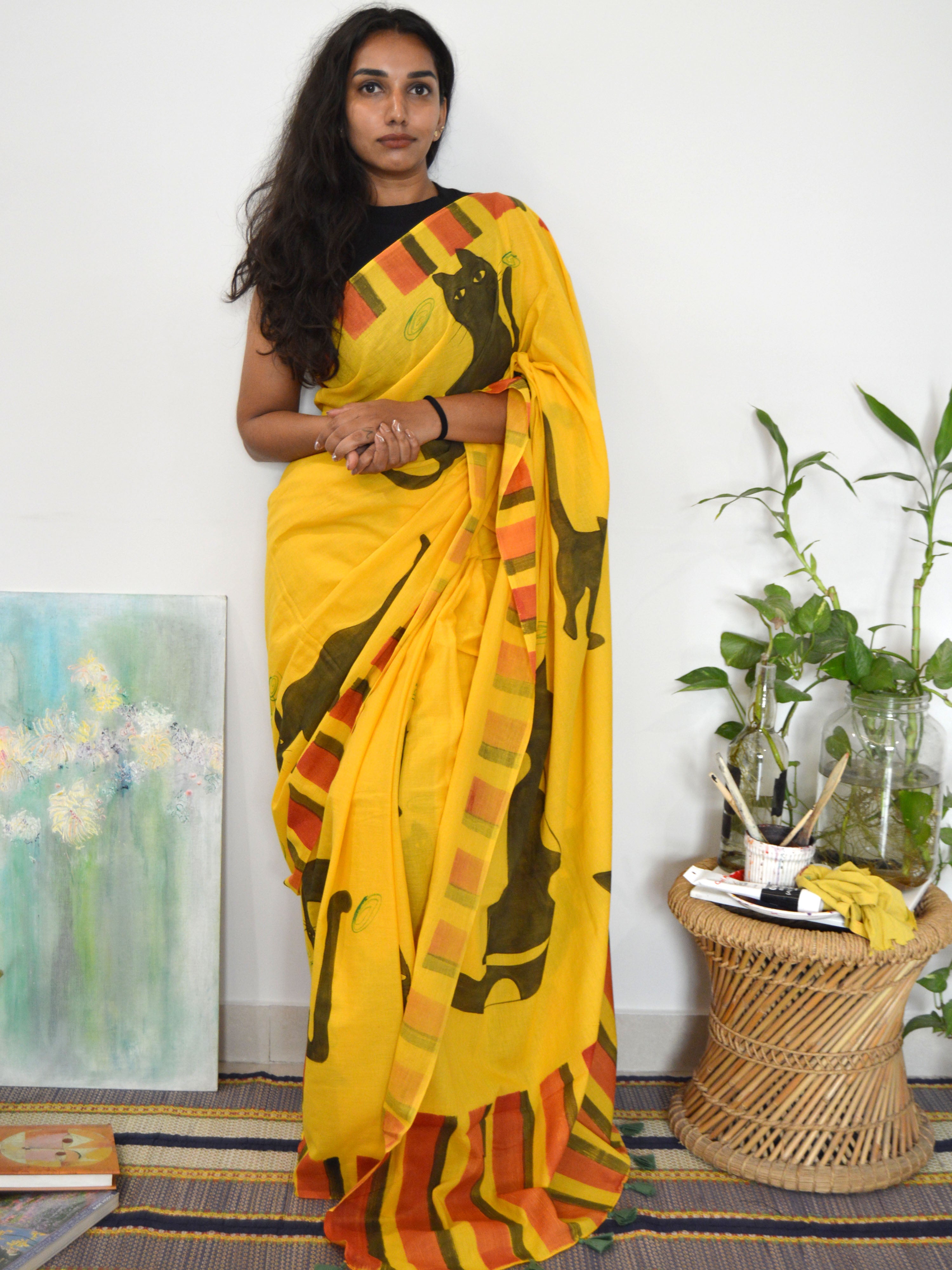 Cat Painted Mul Cotton Saree