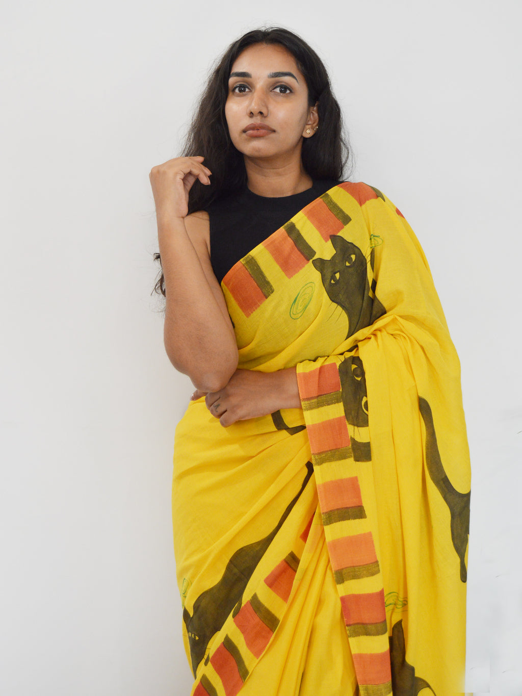 Cat Painted Mul Cotton Saree