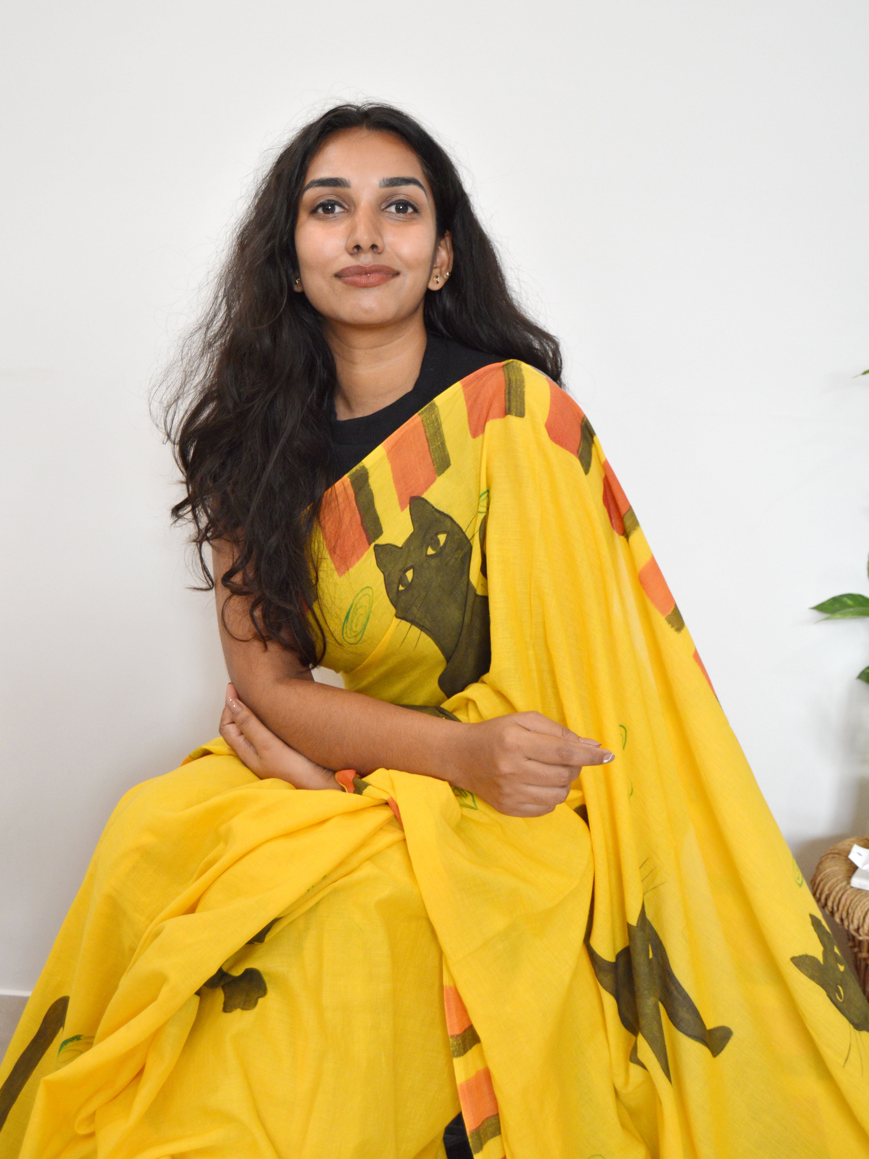 Cat Painted Mul Cotton Saree