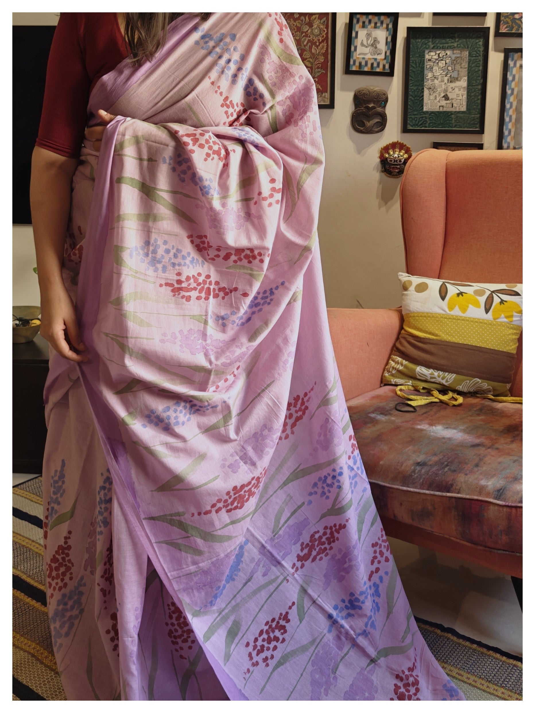 Delphi Painted Mul Cotton Saree- Pink