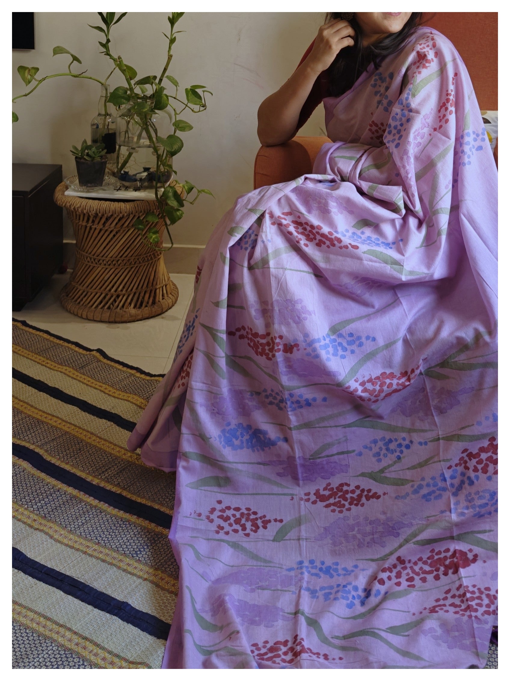 Delphi Painted Mul Cotton Saree- Purple