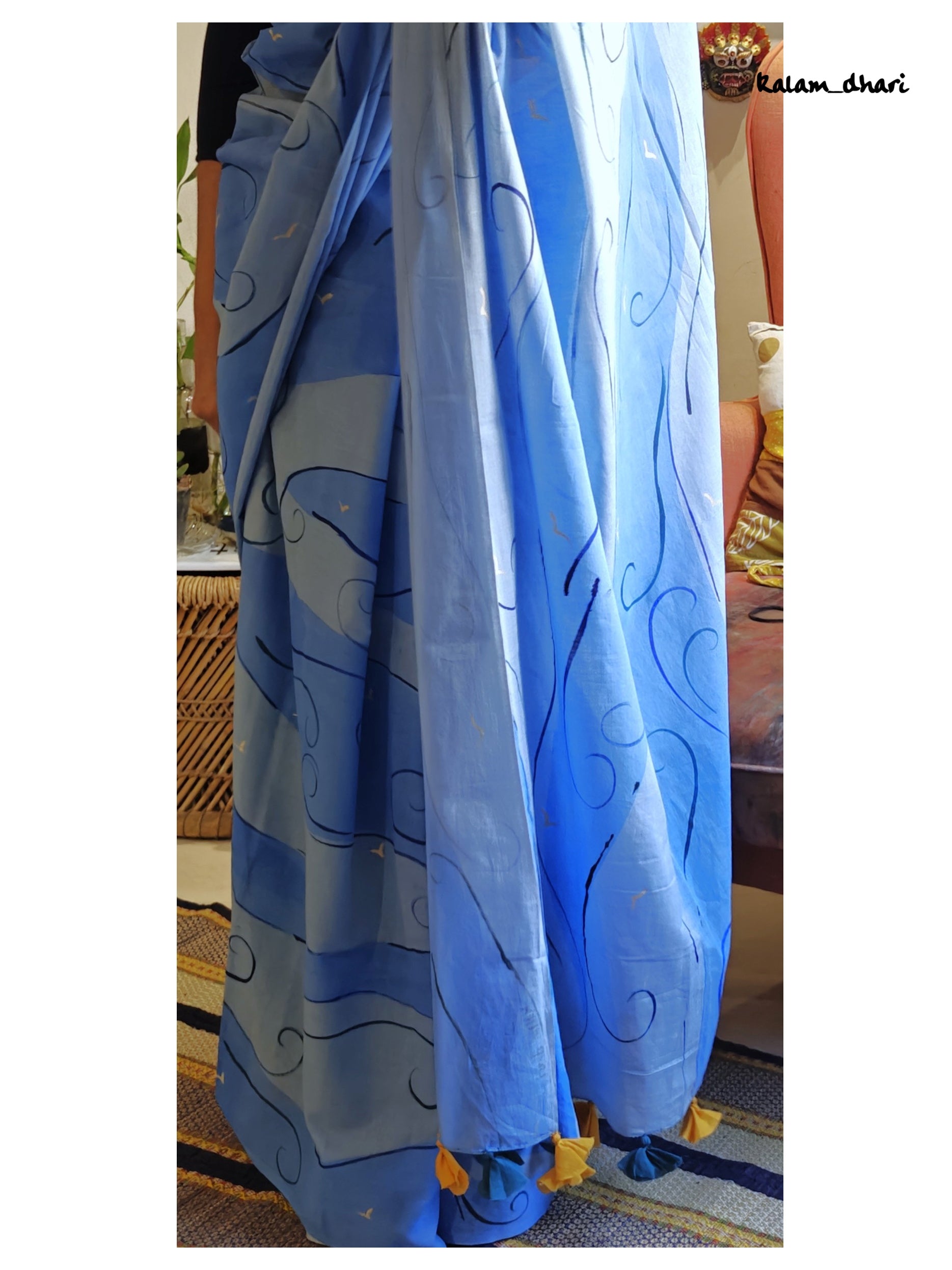 Blues Painted Mul Cotton Saree