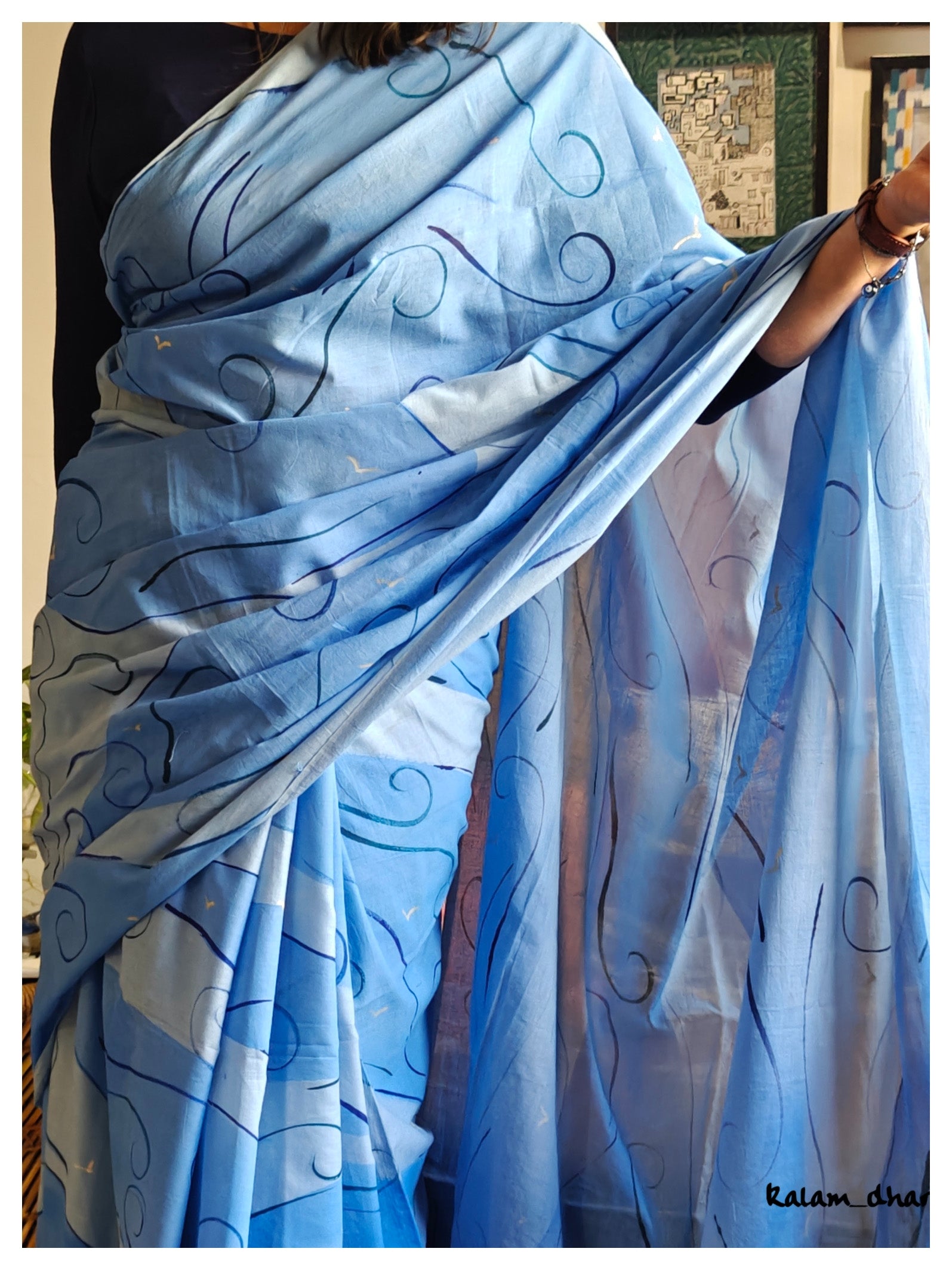 Blues Painted Mul Cotton Saree