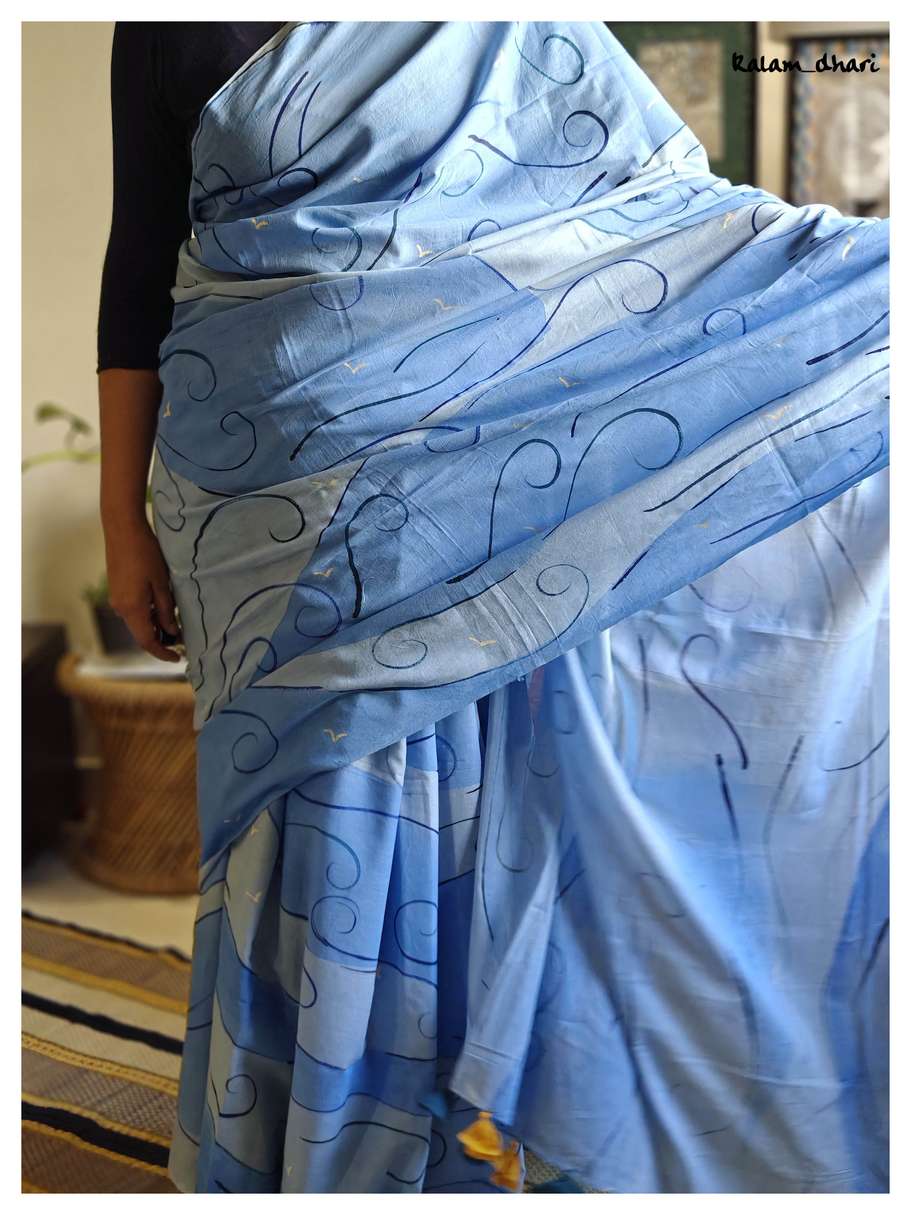 Blues Painted Mul Cotton Saree