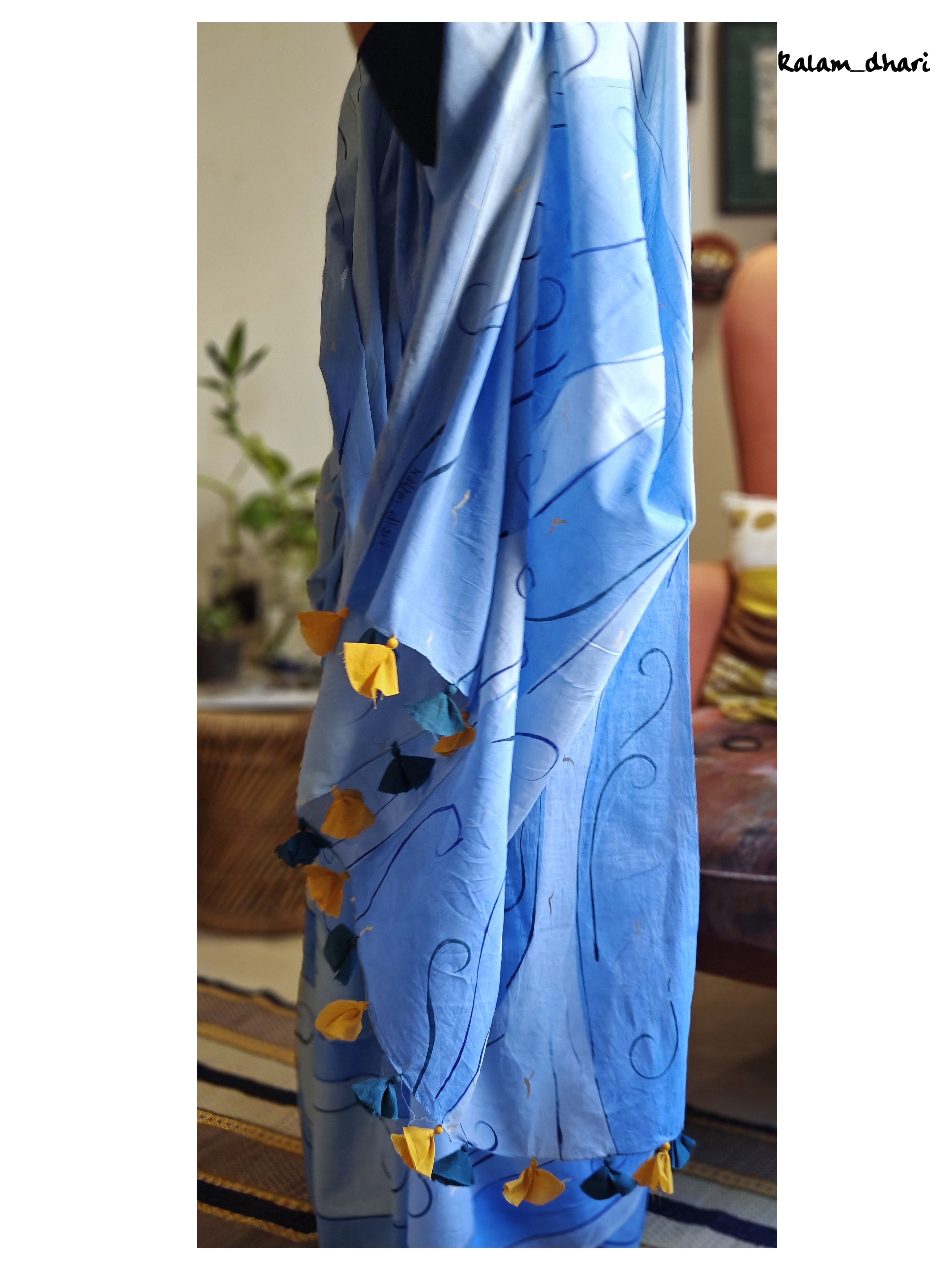 Blues Painted Mul Cotton Saree