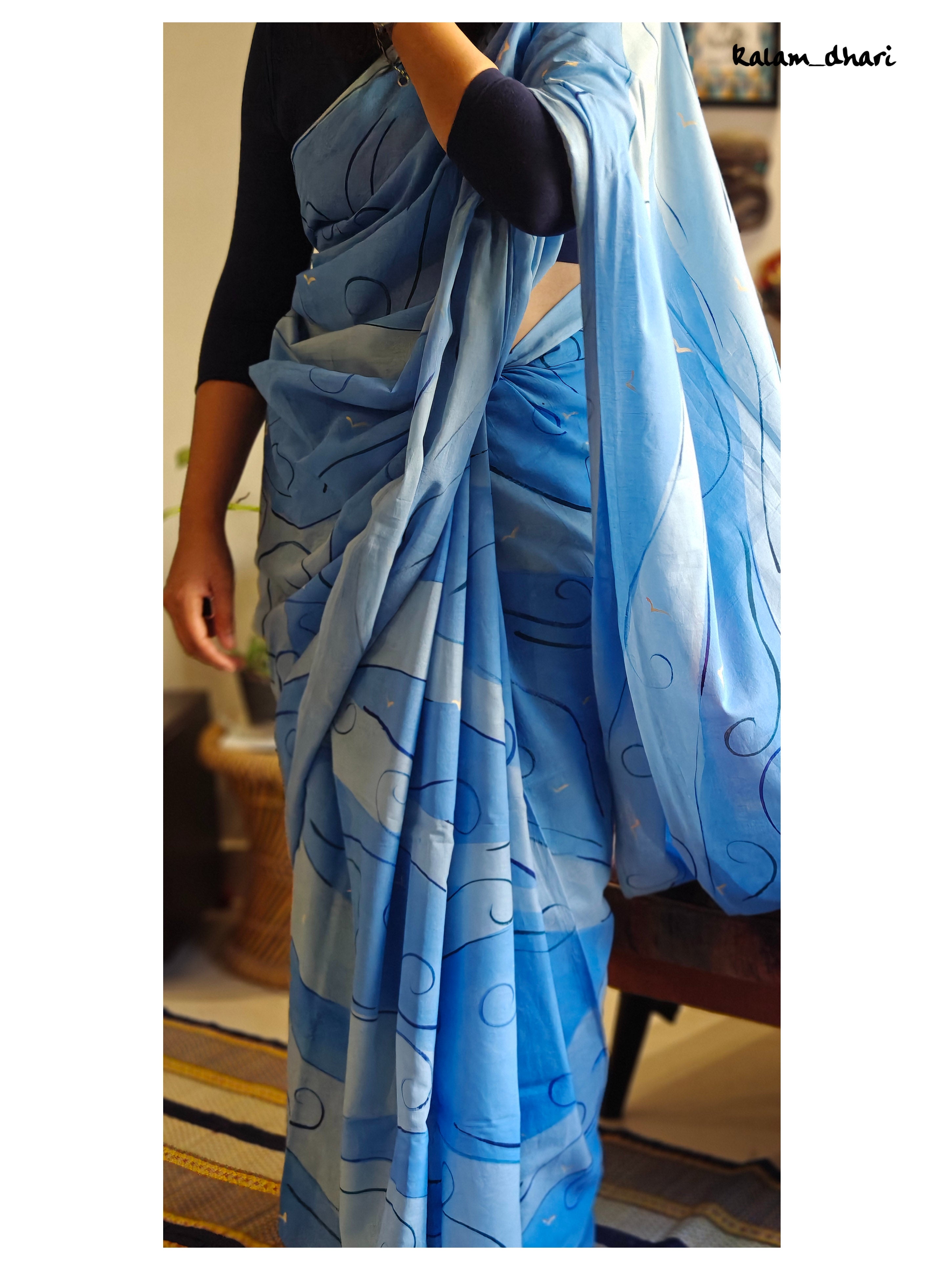 Blues Painted Mul Cotton Saree