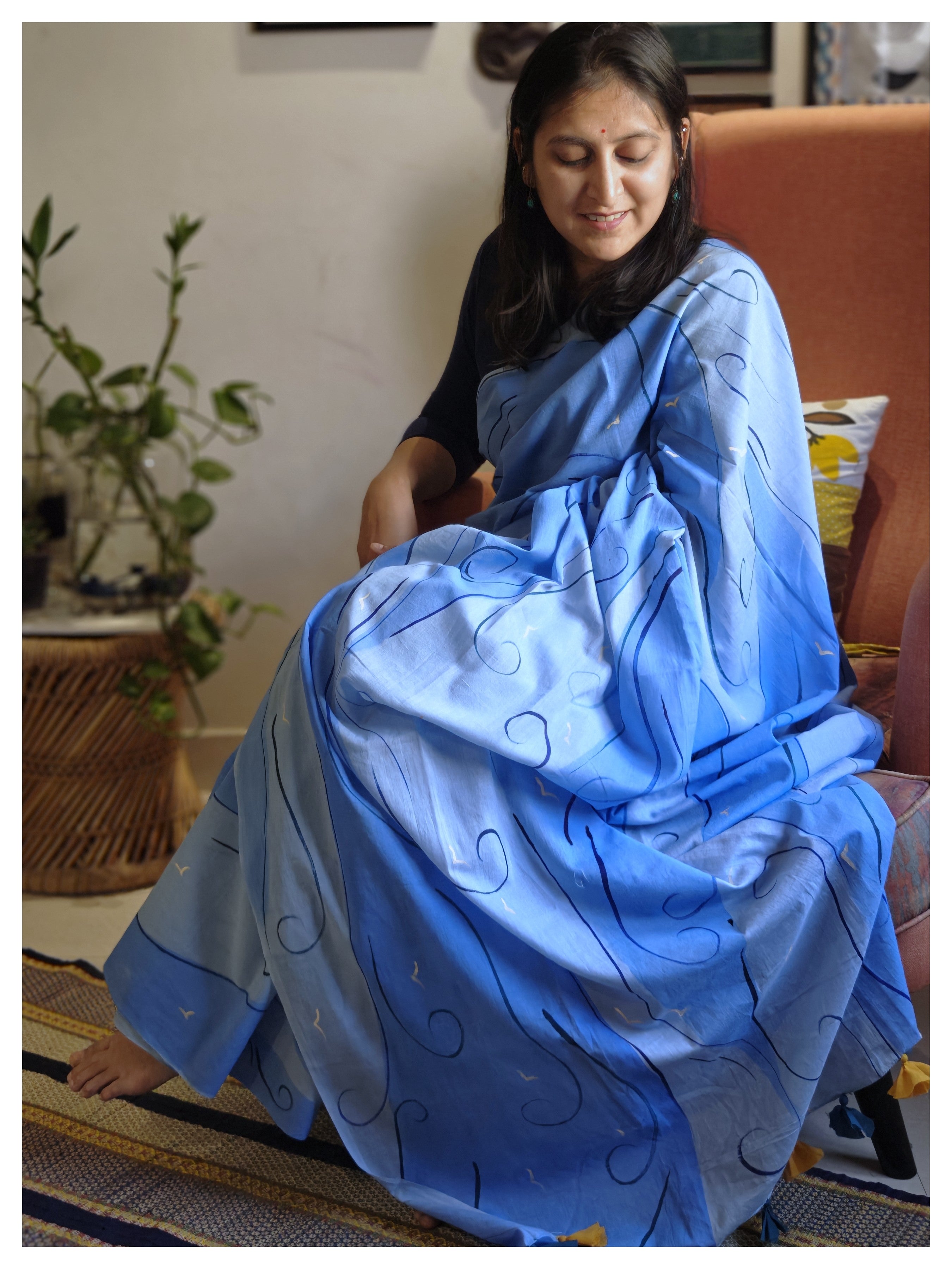 Blues Painted Mul Cotton Saree