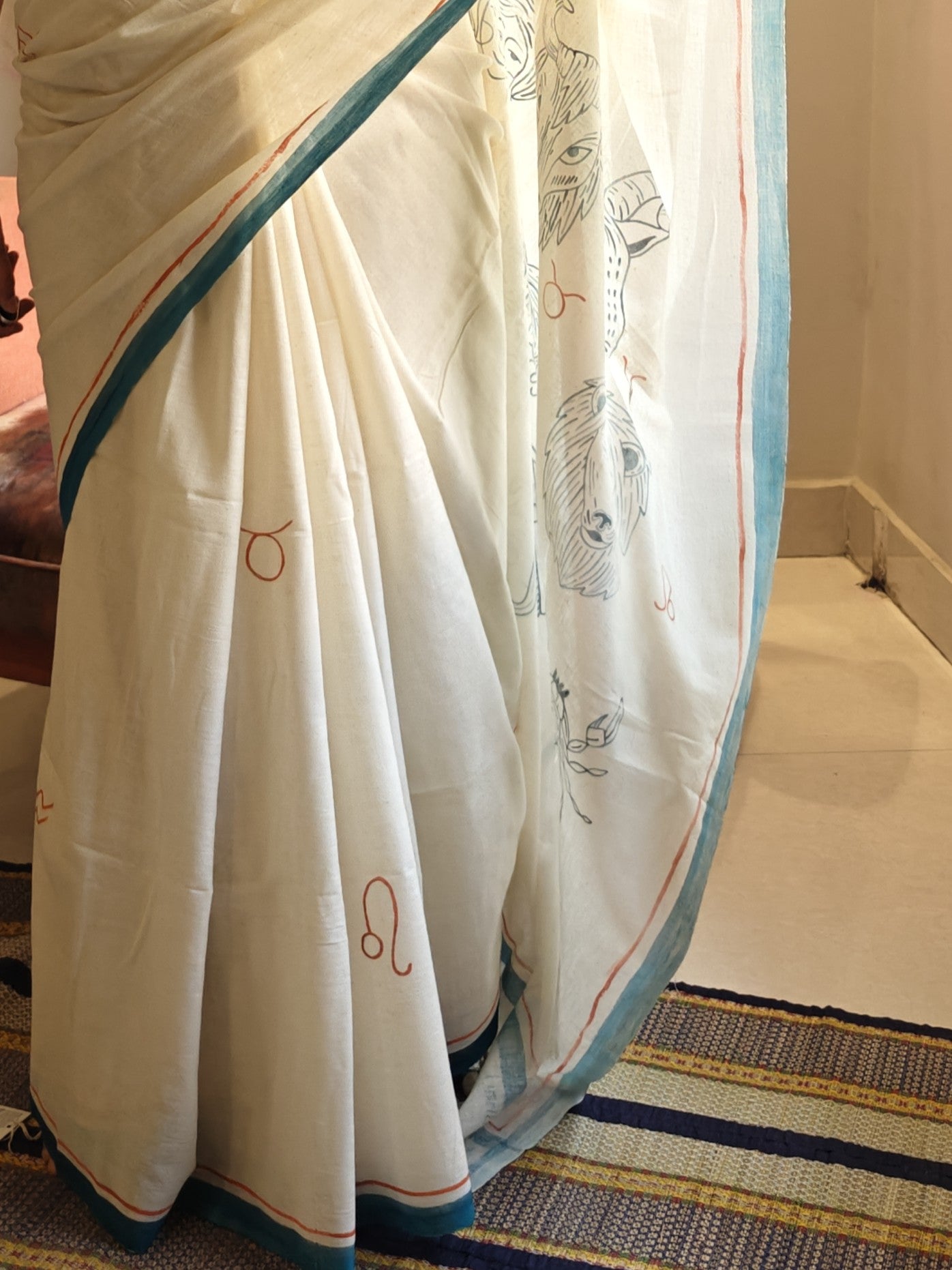 Rashi Phal Painted Cotton Saree- Turquoise