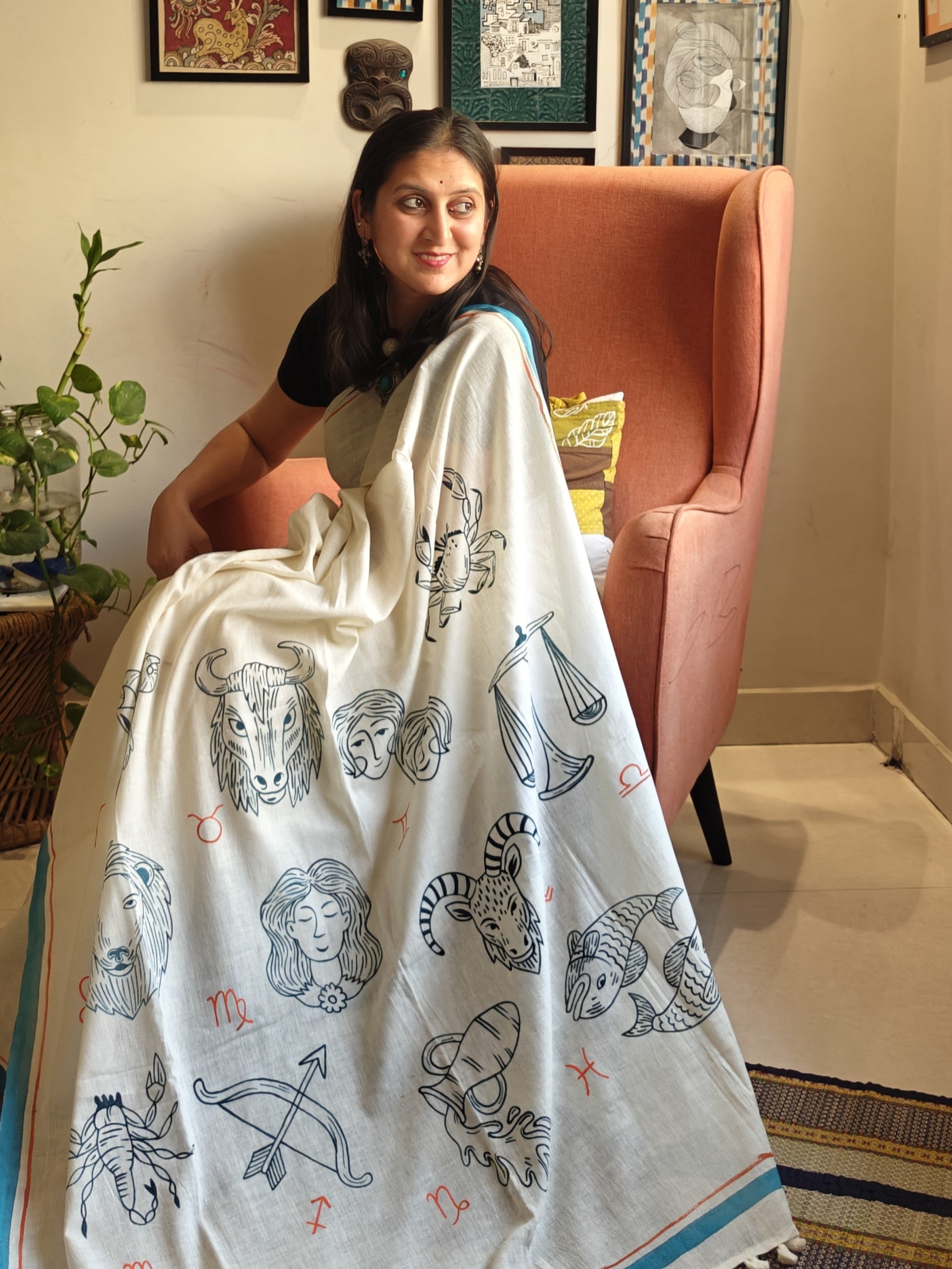 Rashi Phal Painted Cotton Saree- Turquoise
