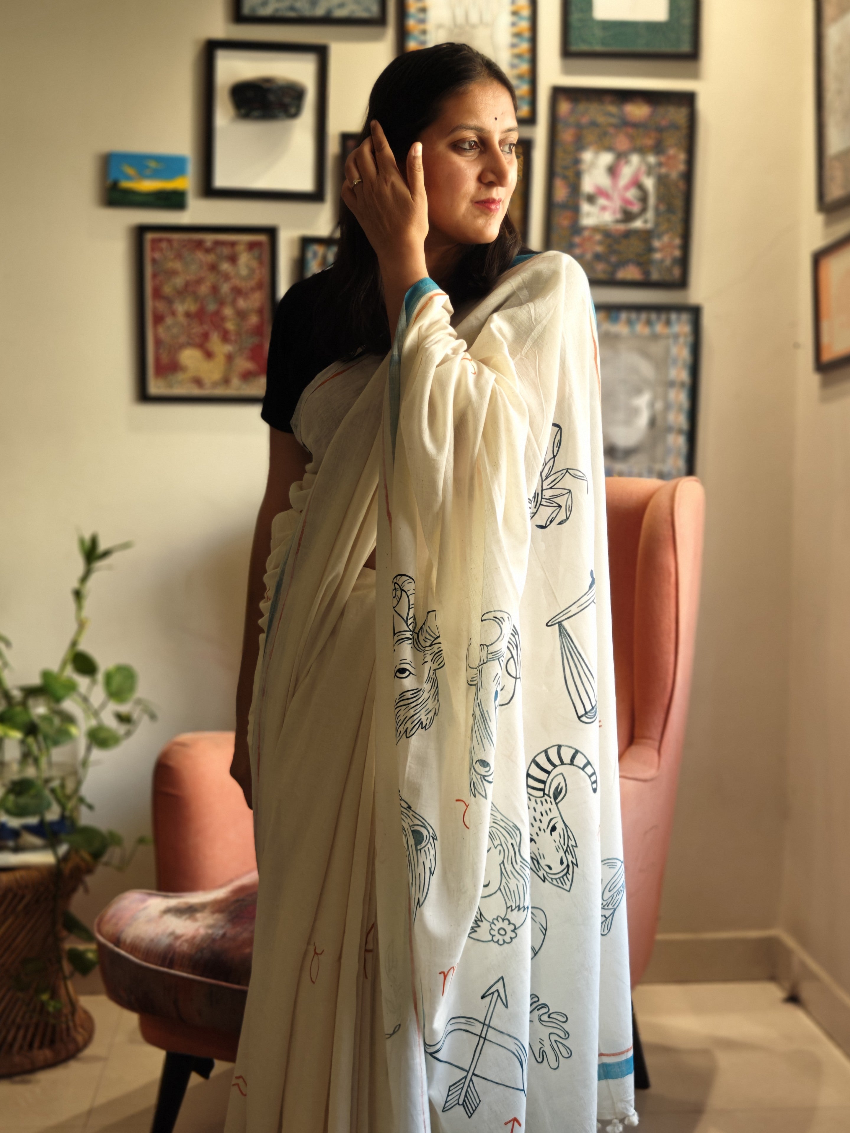 Rashi Phal Painted Cotton Saree- Turquoise
