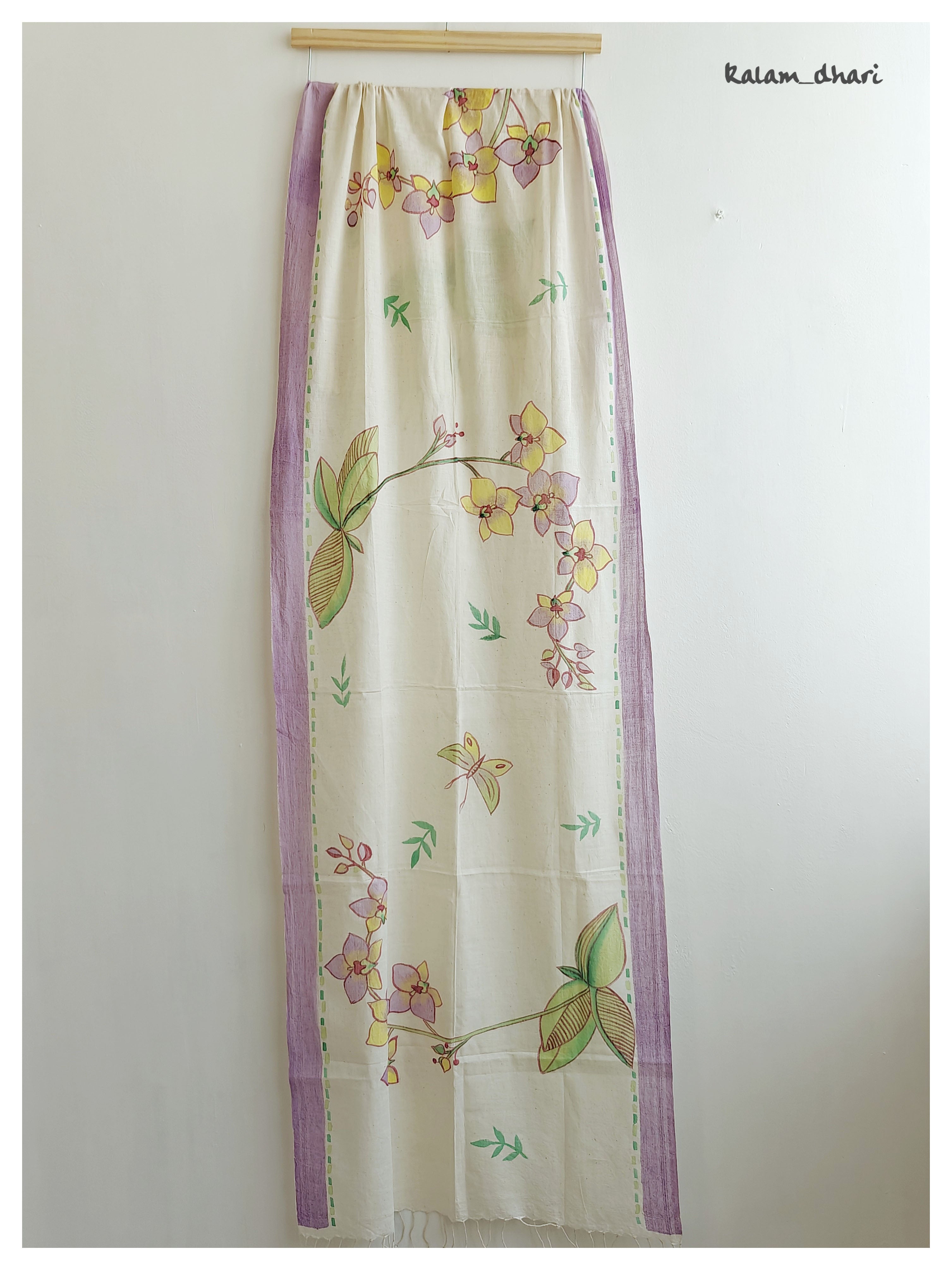 Purple Orchids Muslin Cotton Painted Stole
