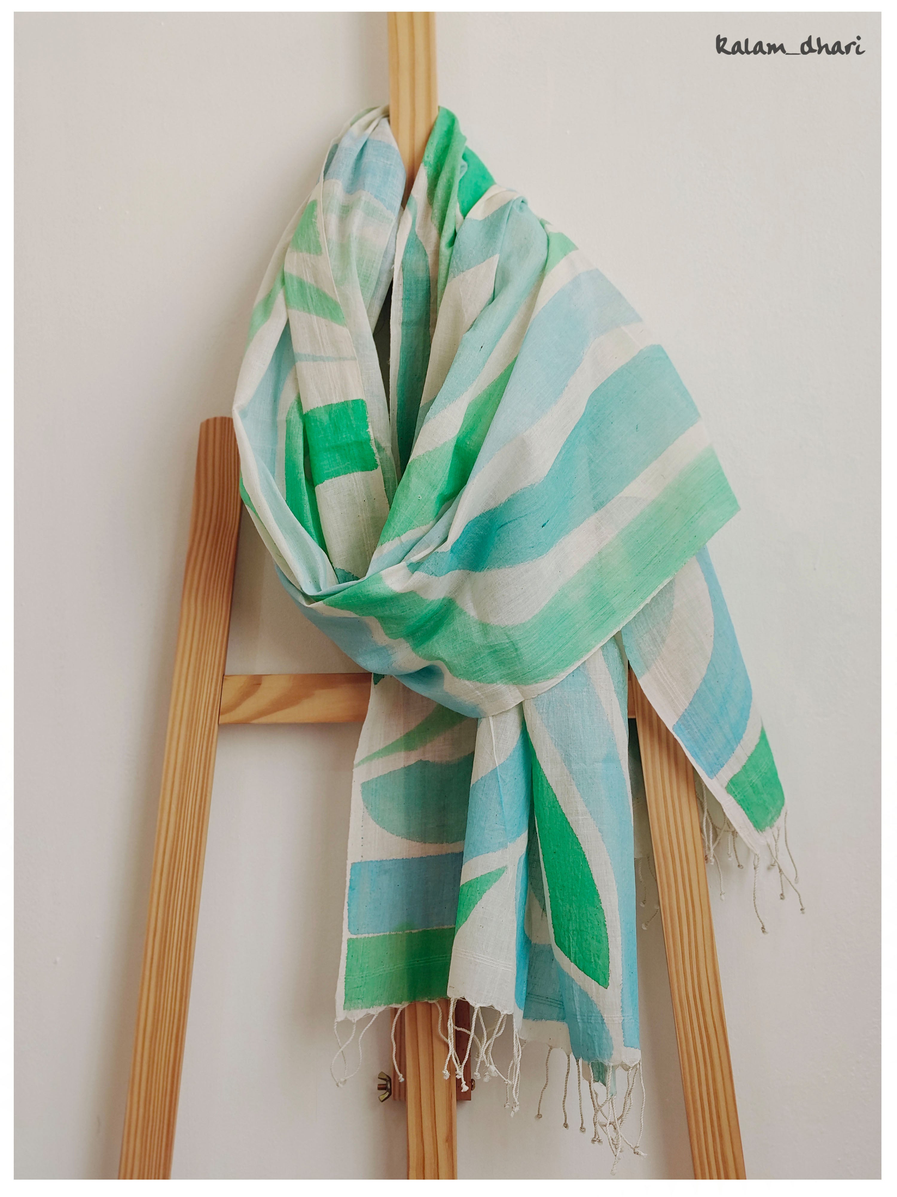 Vaayu Blue Muslin Cotton Painted Stole