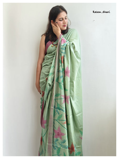 Abstract Floral Painted Mul Cotton Saree