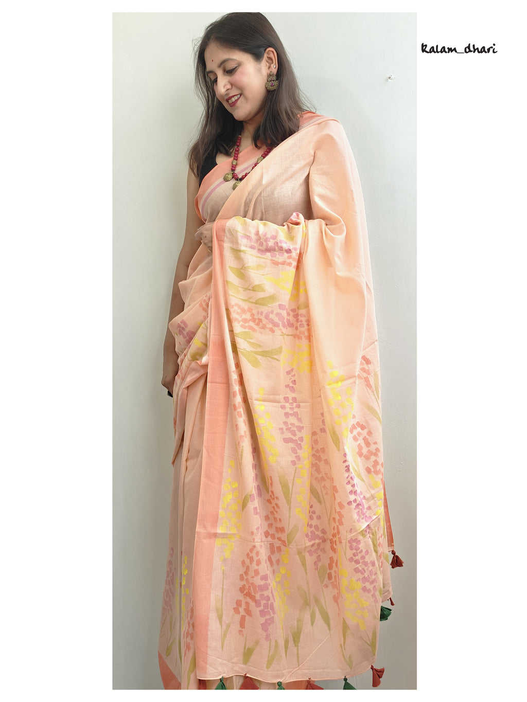 Delphi Painted Mul Cotton Saree- Peach