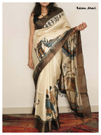 Tribal Painted Kosa Silk Saree Beige