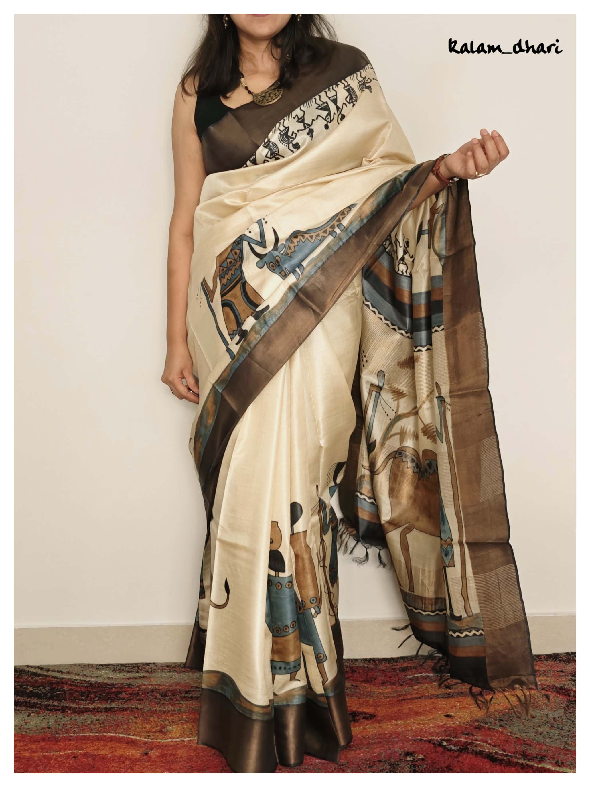 Tribal Painted Kosa Silk Saree Beige