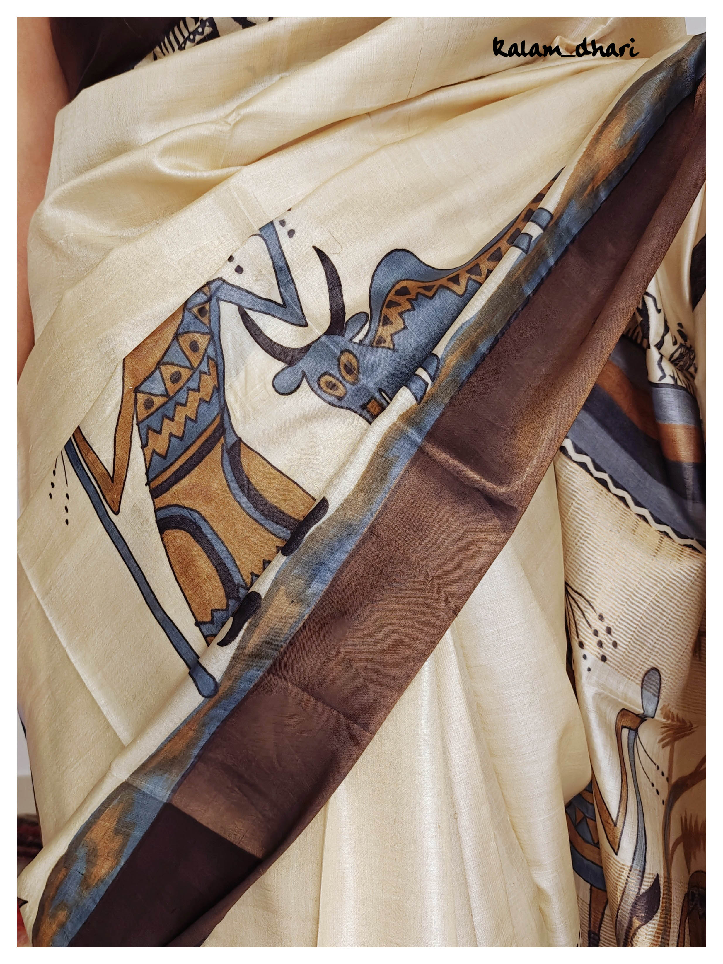 Tribal Painted Kosa Silk Saree Beige