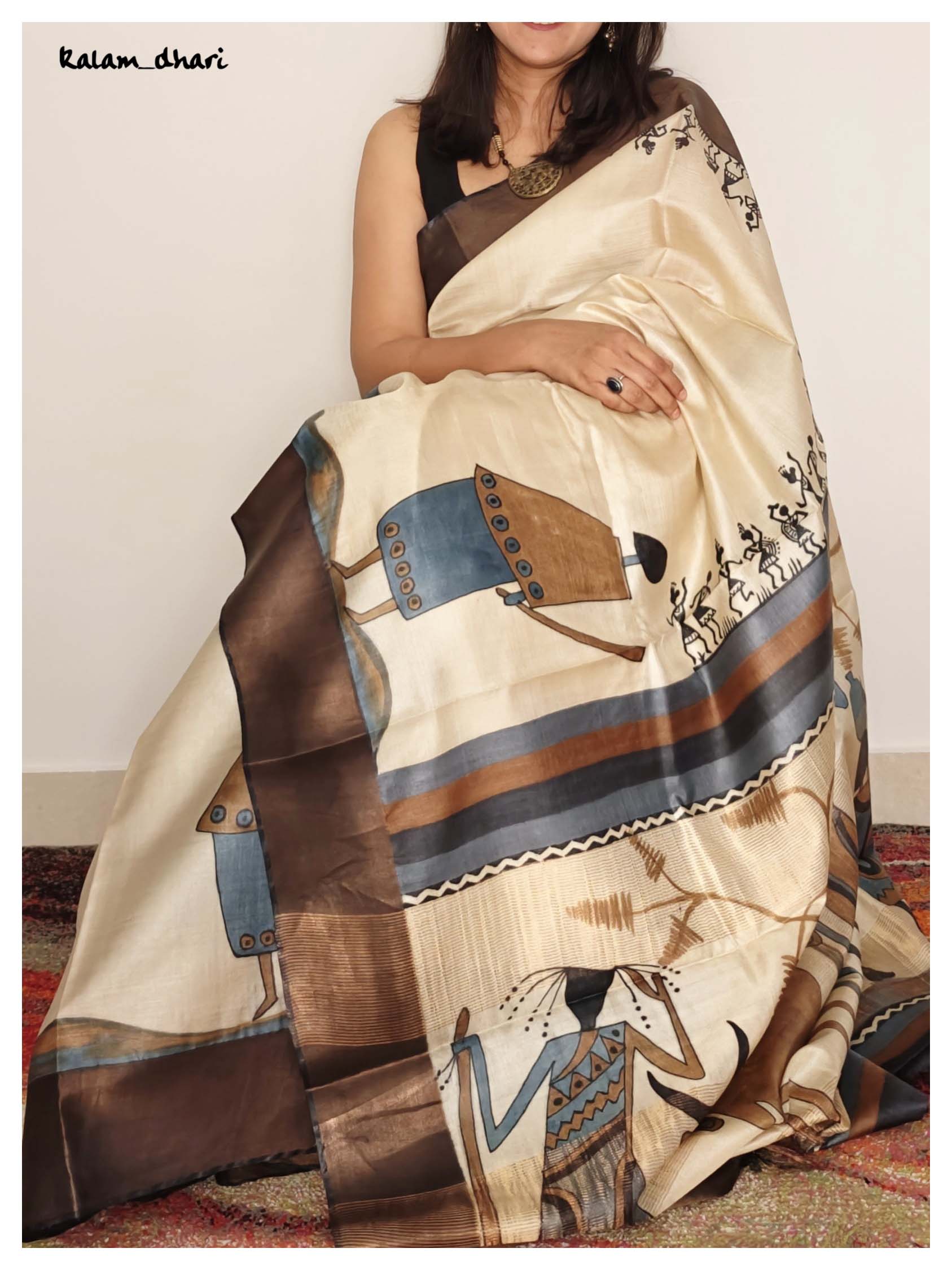Tribal Painted Kosa Silk Saree Beige