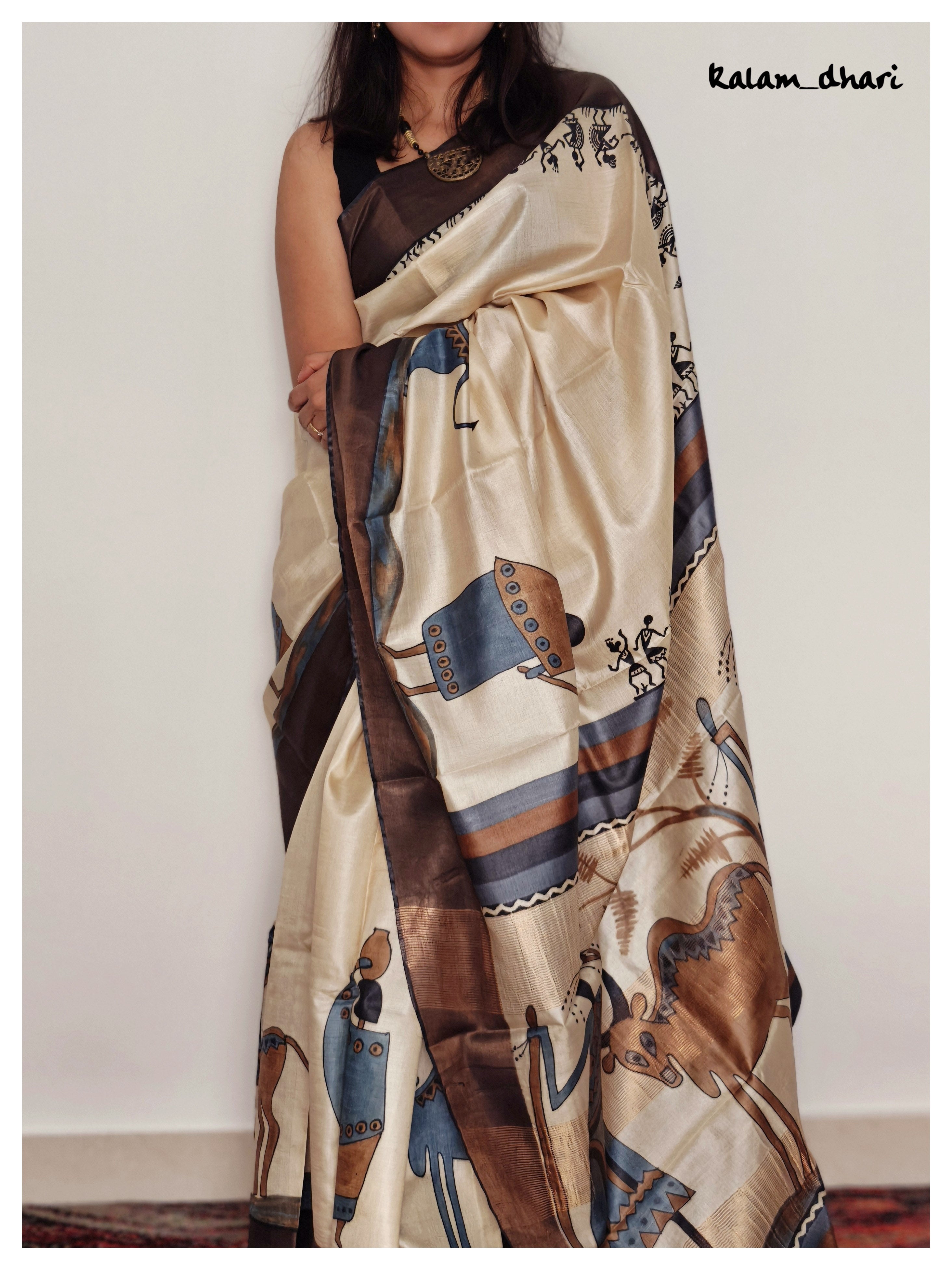 Tribal Painted Kosa Silk Saree Beige