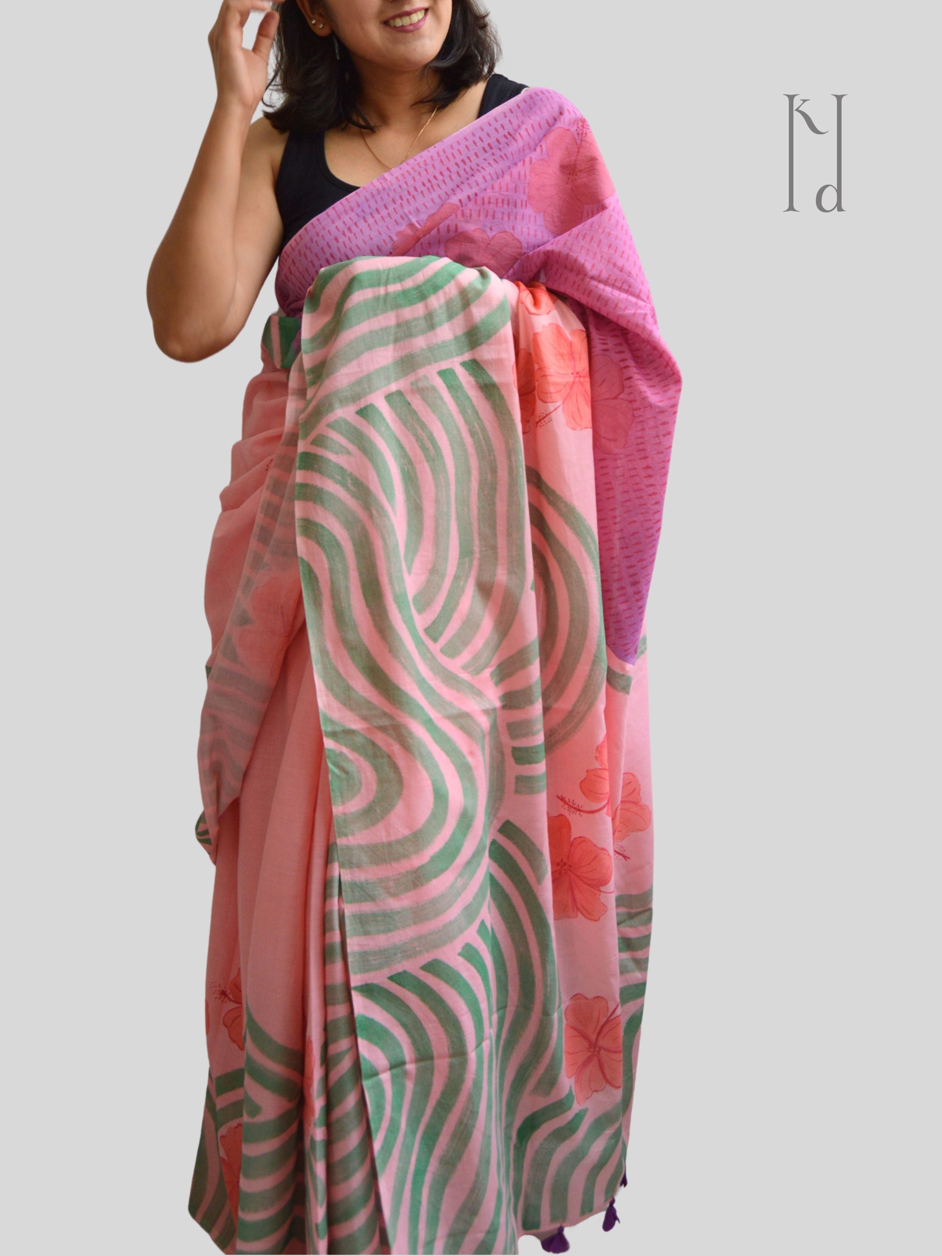 Bagiya Painted Mul Cotton Saree- Pink