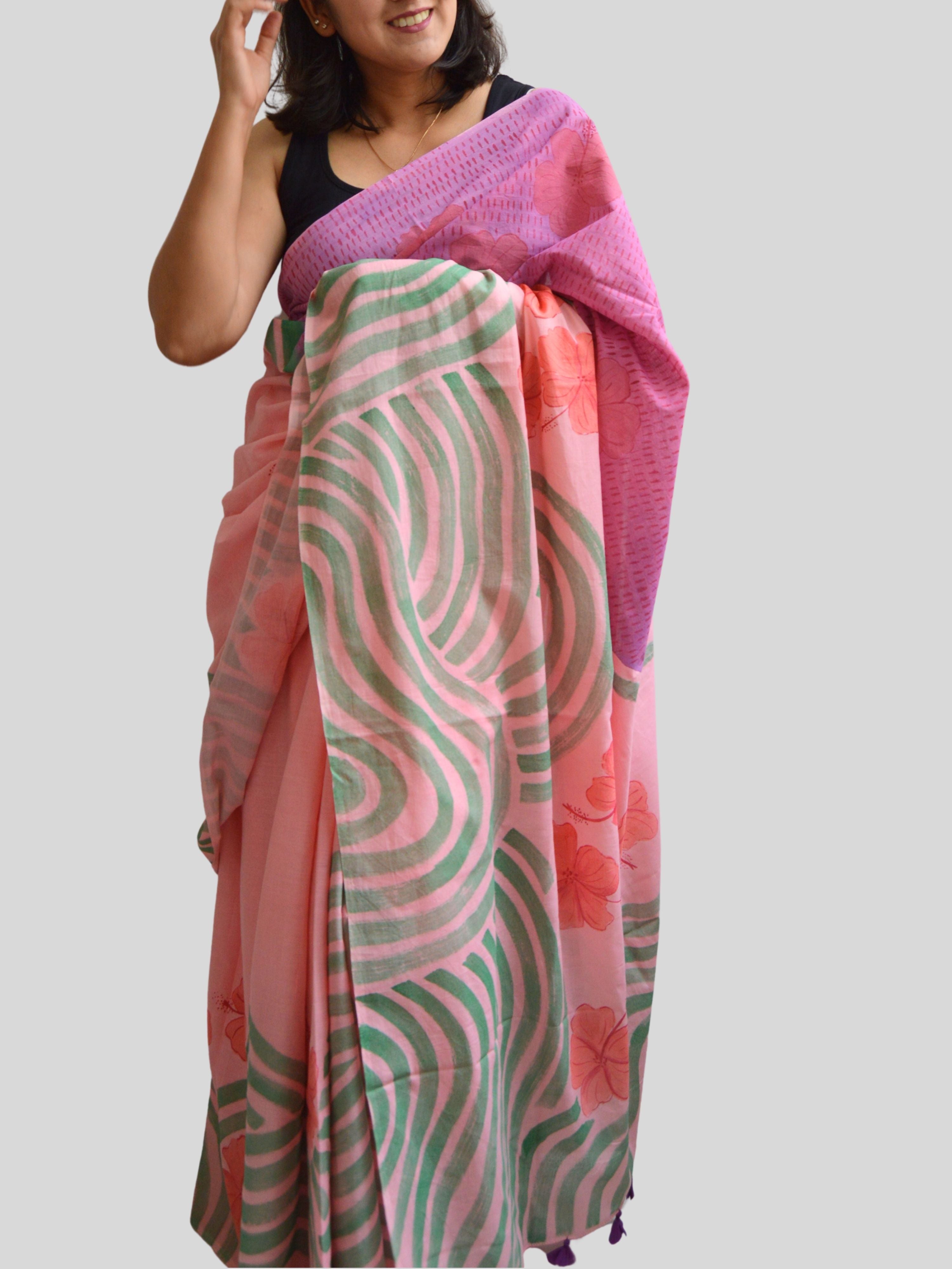 Bagiya Painted Mul Cotton Saree- Pink