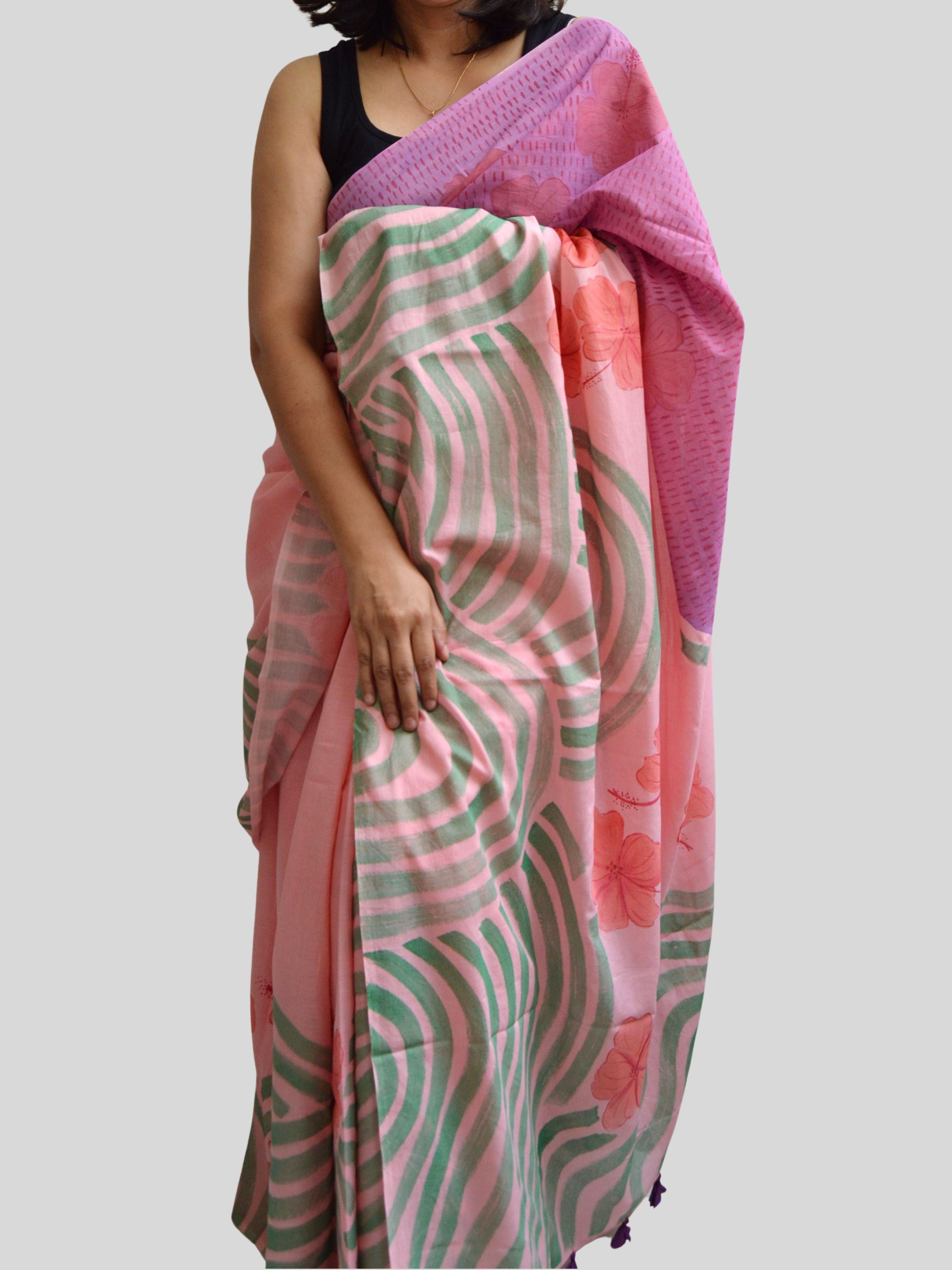 Bagiya Painted Mul Cotton Saree- Pink