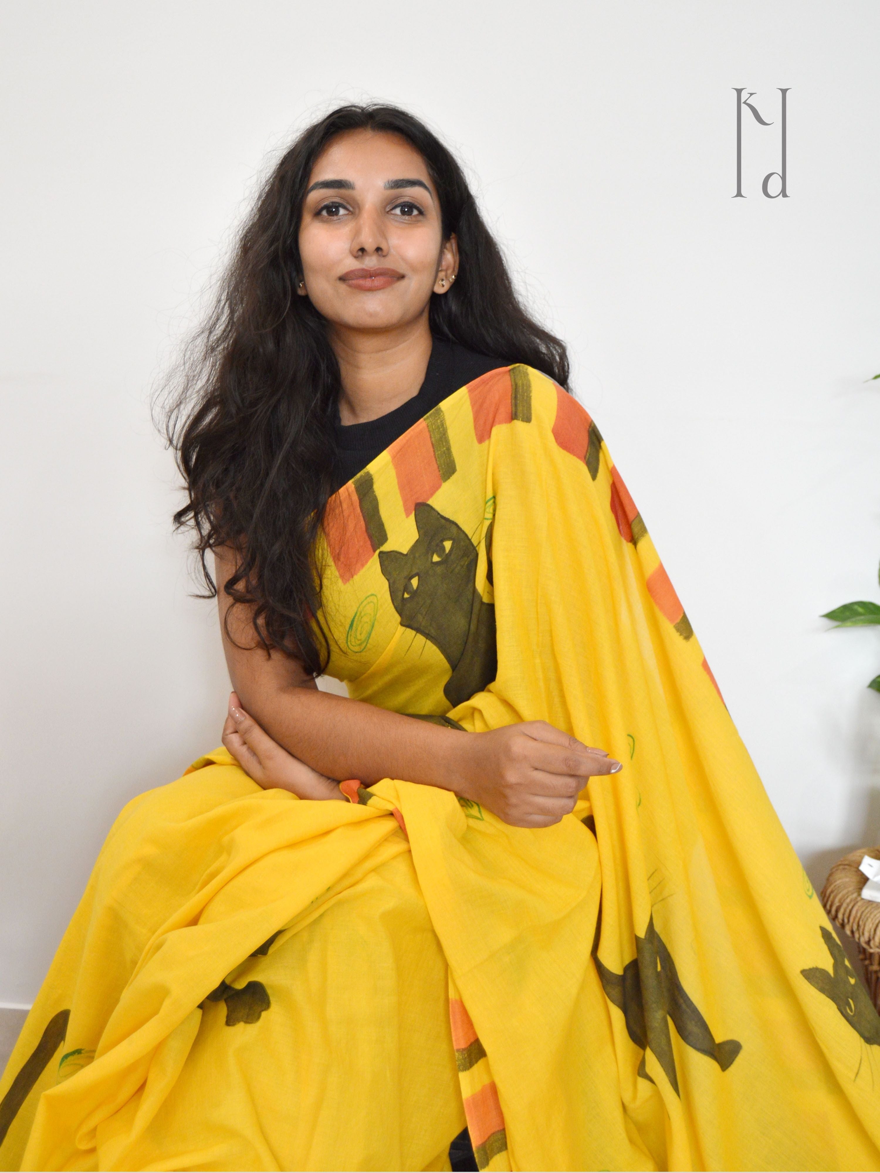 Cat Painted Mul Cotton Saree