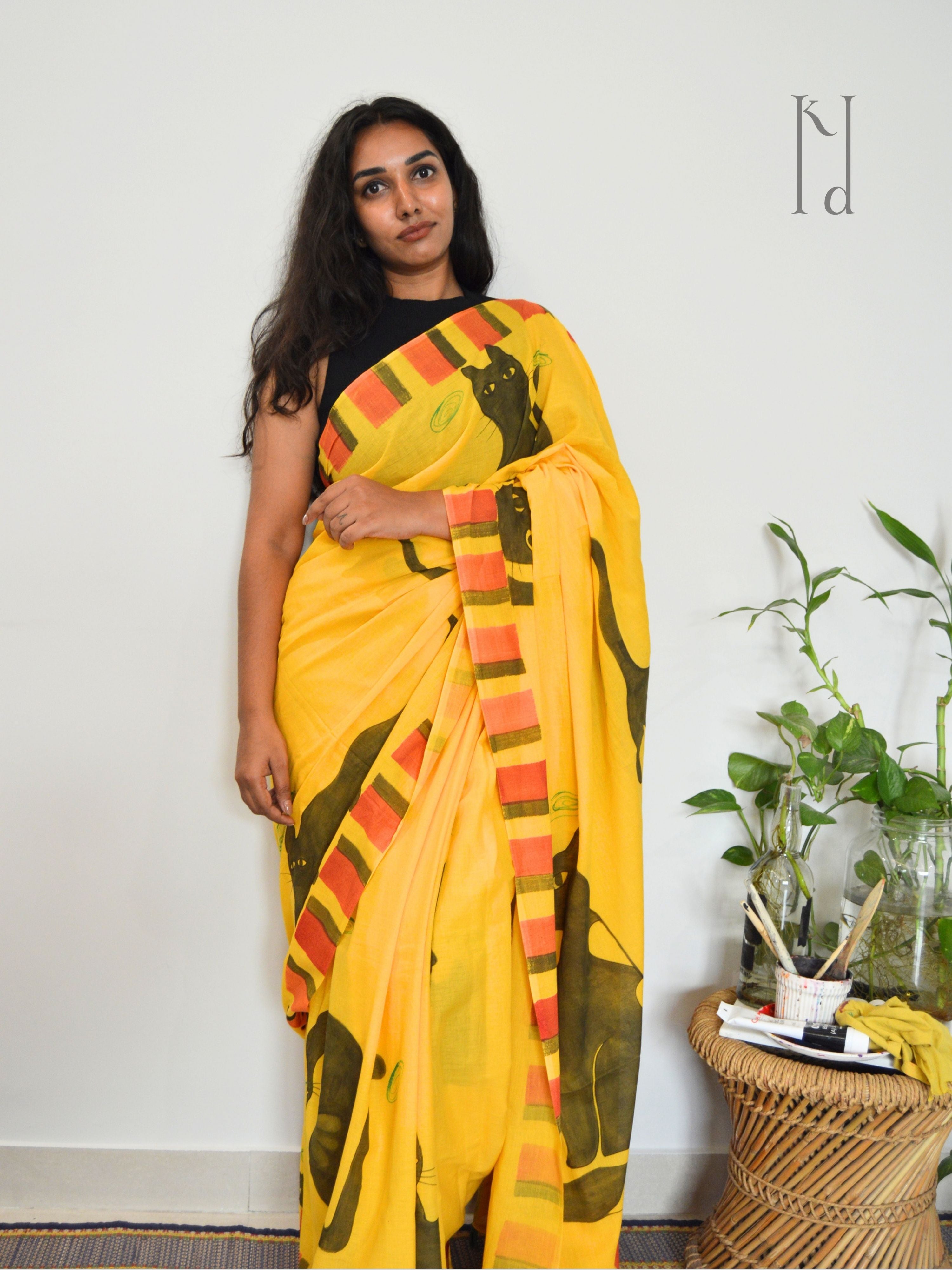 Cat Painted Mul Cotton Saree